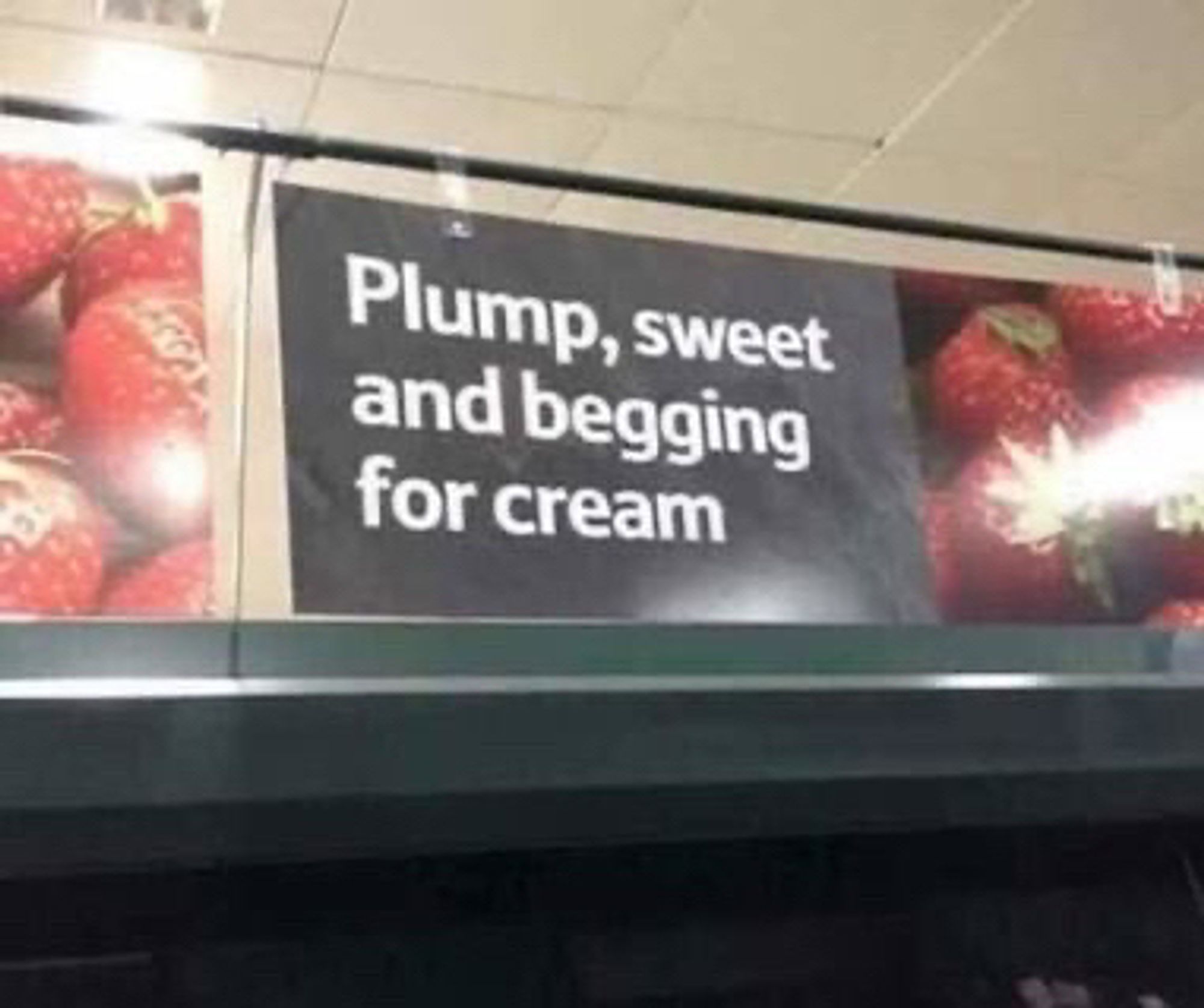 Strawberries in a supermarket with a sign that says “plump, sweet and begging for cream”