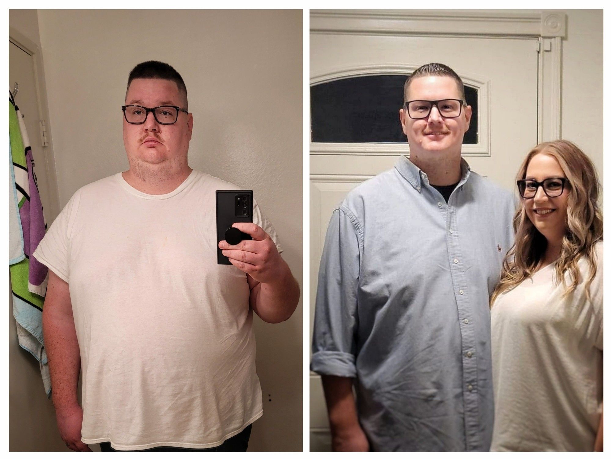 Before and after picture of a man who lost 105 lbs by giving up alcohol for a year.