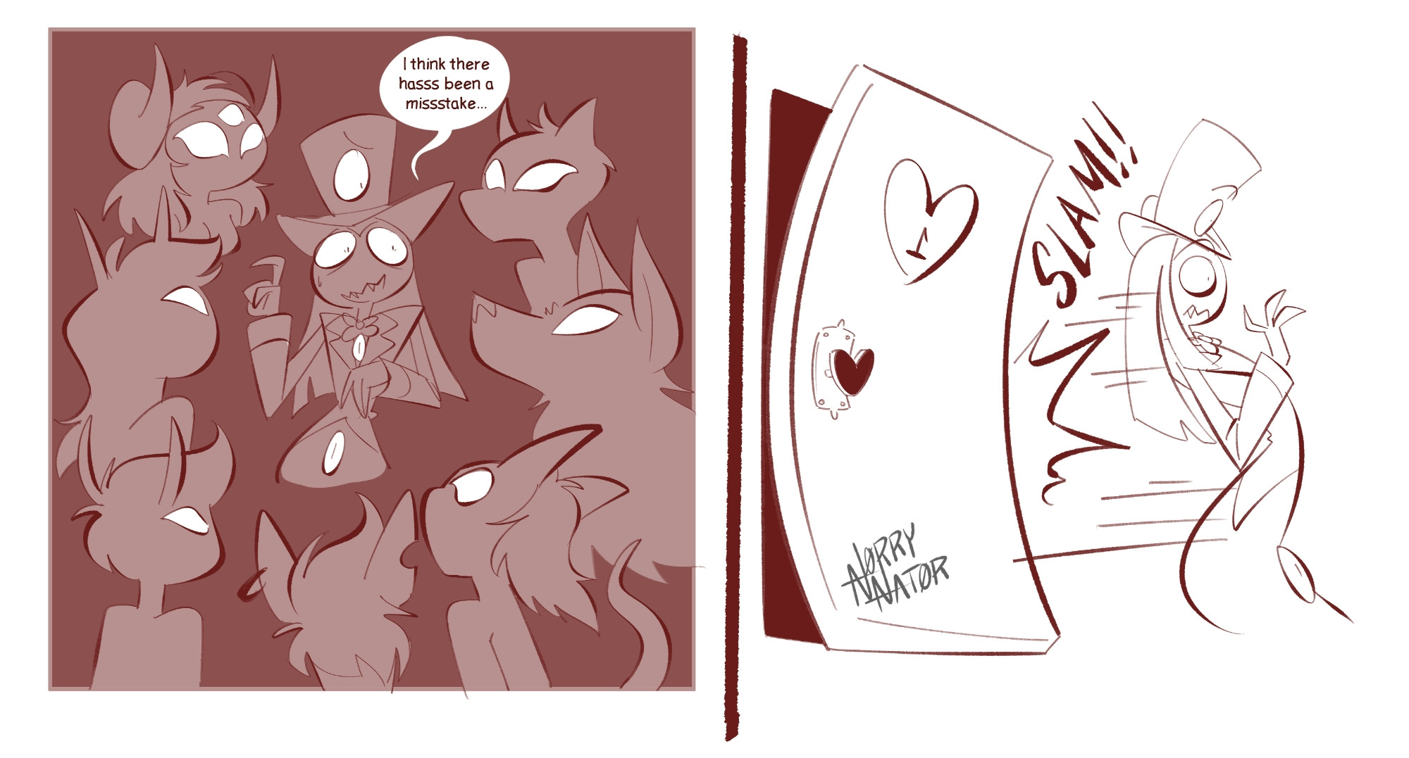 Pentious surrounded in the dark by the other sex club demons. 
Txt: "I think there hasss been a missstake."

Next panel shows Pent being tossed out of the room and the door slamming.