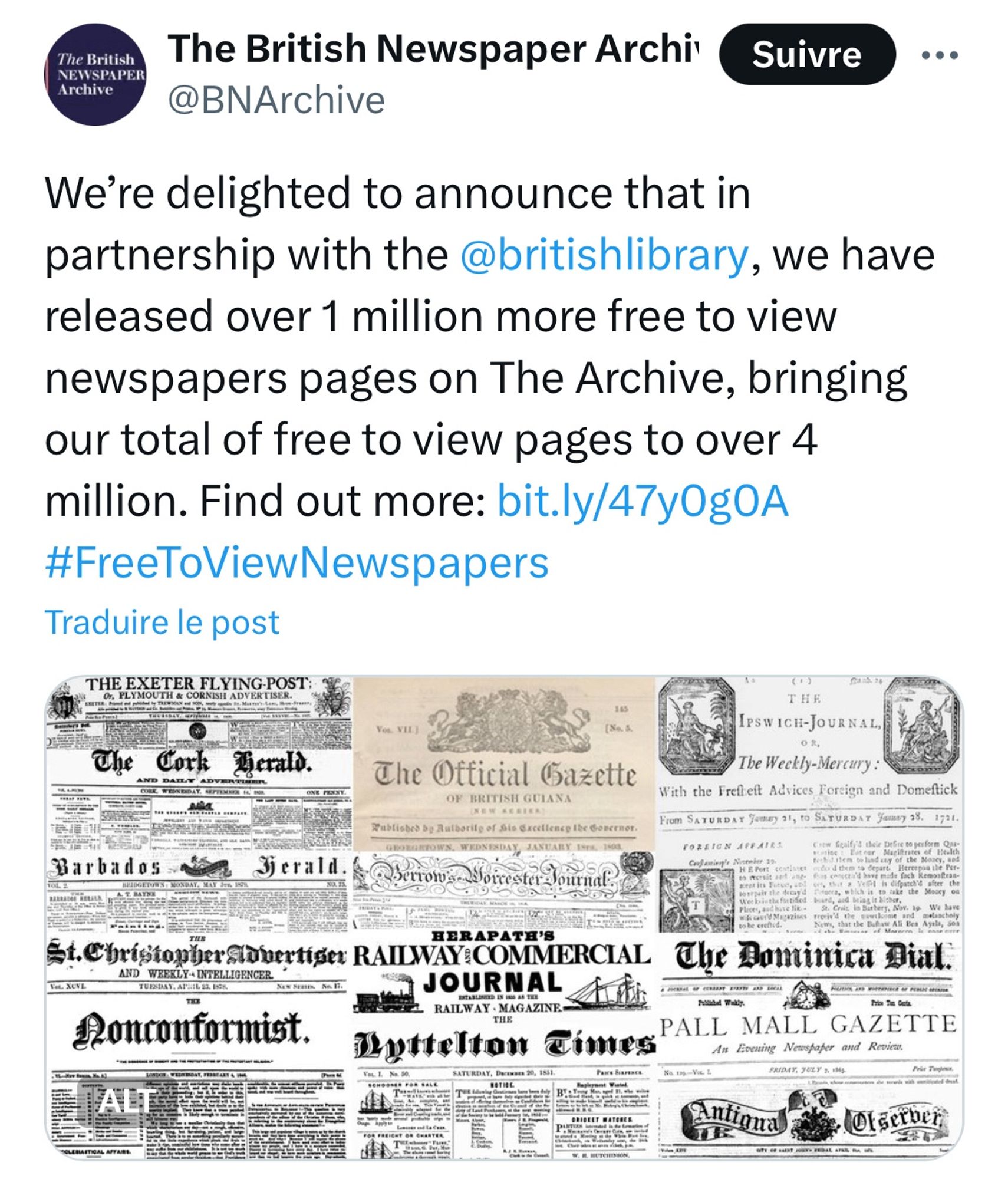 Announcement bu British Newspaper archives about realaese of 1million more frew to view news paper on The Archive .  Find out more: https://bit.ly/47y0g0A