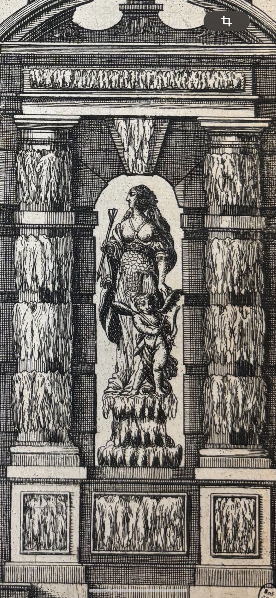 Detail of a plate from a New Architecture book by Francine, 1669, showing and arch statue encased in rocailles columns. Very haughty face of the statue!