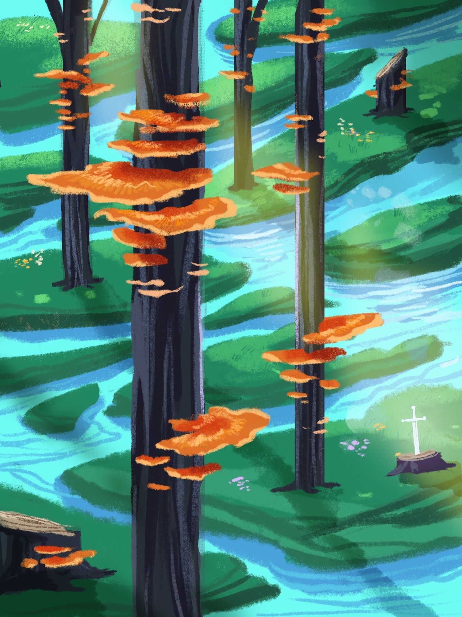 a lush, marshland glade full of tall, dark trees and crystal clear waters. Large, orange mushrooms fan out from the tall tree trunks. Light filters through the trees, landing on a white, luminescent sword sticking out from a stump.