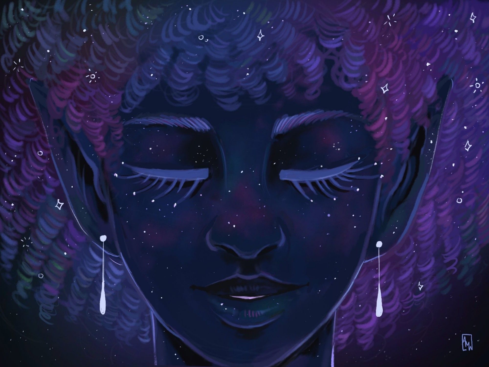 A painting of an elven woman with skin like the night sky, spackled with stars and constellations, her hair is a mass of coily curls in cosmic rainbow hues like stardust