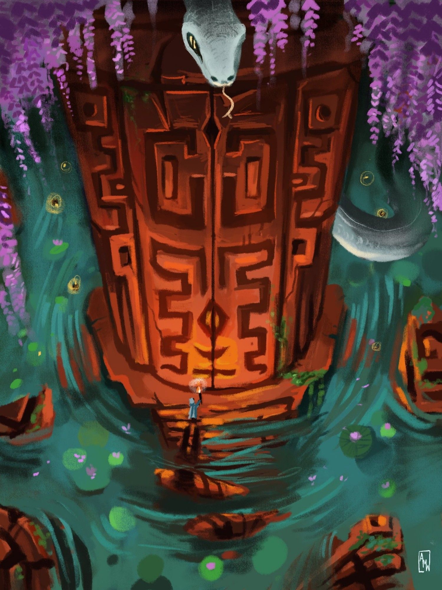 A top-down view of an explorer holding a torch up to an ancient, carved stone pillar. A large white snake peers from above. Purple wisteria hang down and the deep blue waters of the swampy terrain are littered with lily pads and fallen pieces of stone.