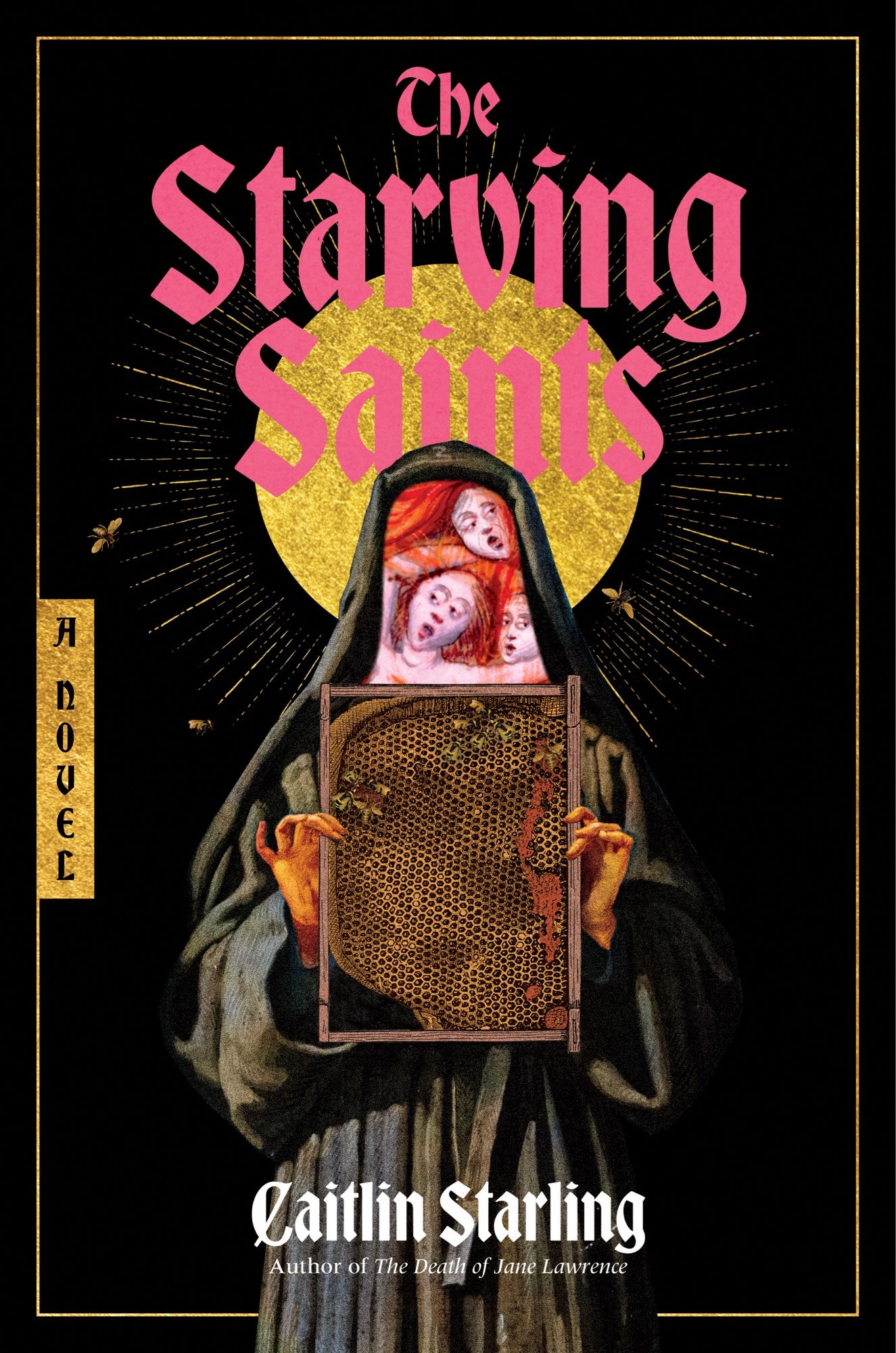 The cover of THE STARVING SAINTS by Caitlin Starling. A figure in a nun’s habit but with their face replaced by an illustration of damned souls from the Book of Hours, holding a frame of honeycomb. There is a gold halo behind them, and the title is in bright pink gothic font. It’s pretty rad. Designed by Owen Corrigan.