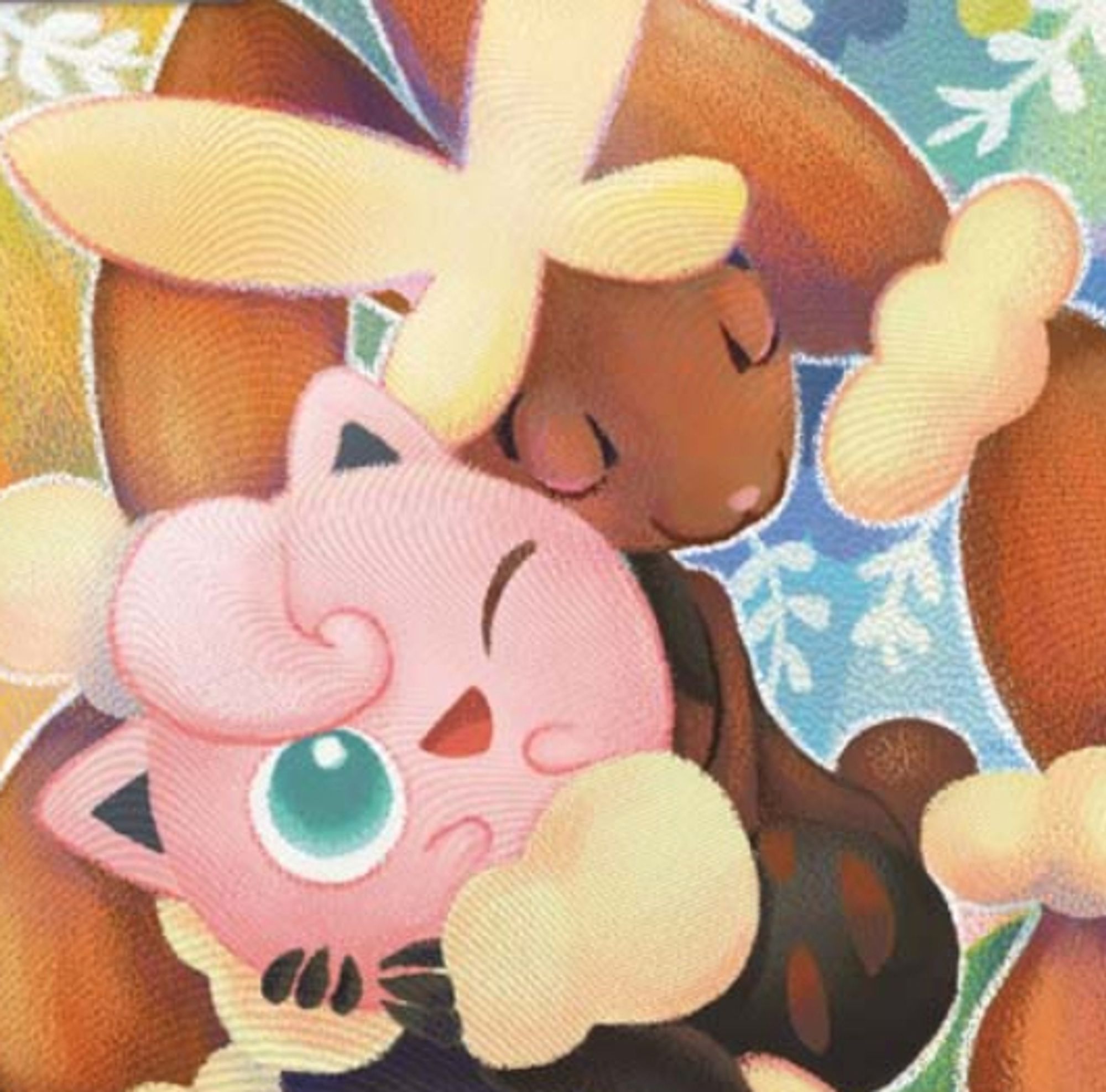 Mega Lopunny holding and hugging a Jigglypuff, both are visibly happy.