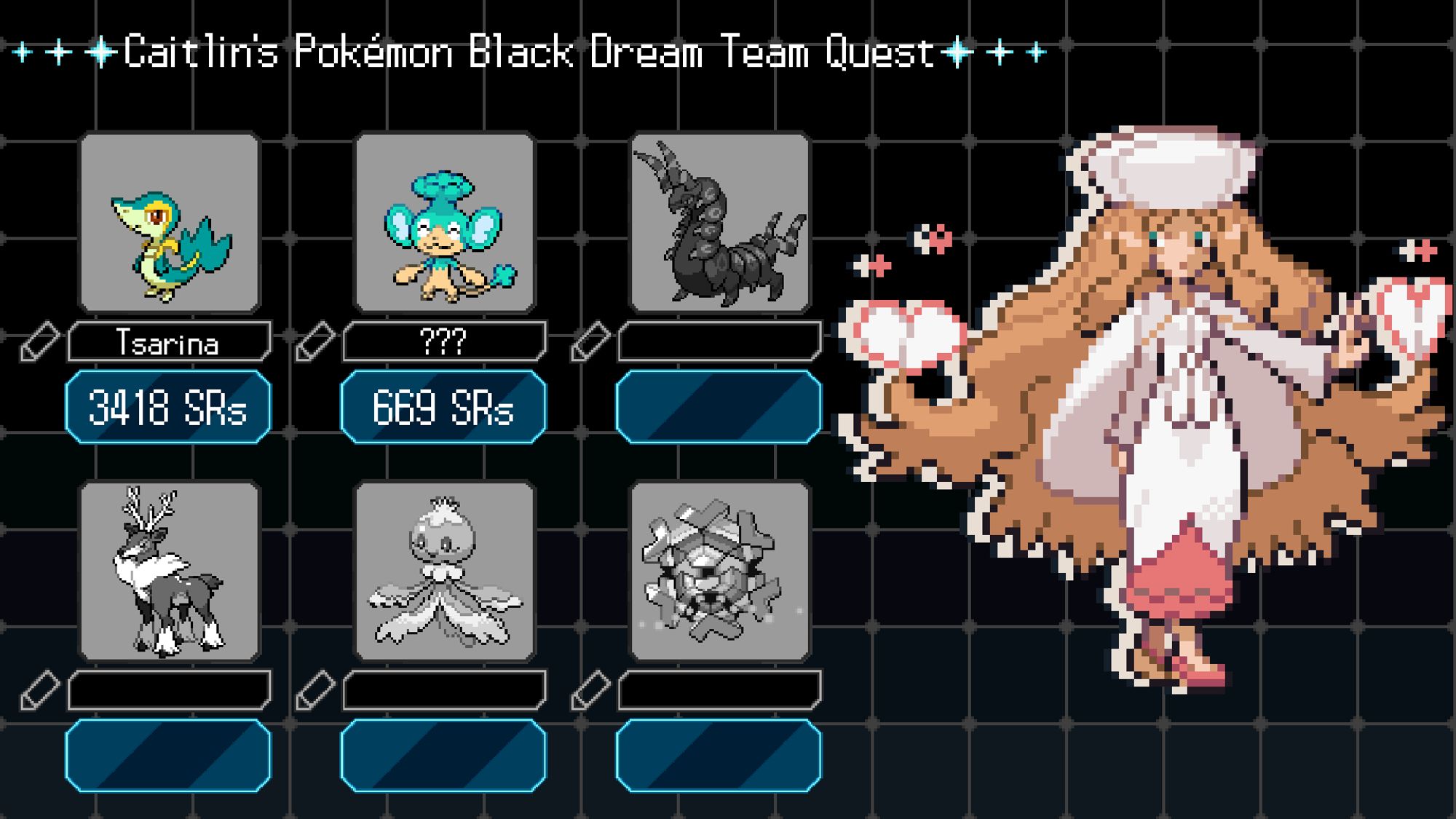 A graphic titled "Caitlin's Pokemon Black Dream Team Quest". Below are the 6 Pokemon making up the team. The two not in greyscale are Snivy and Panpour.