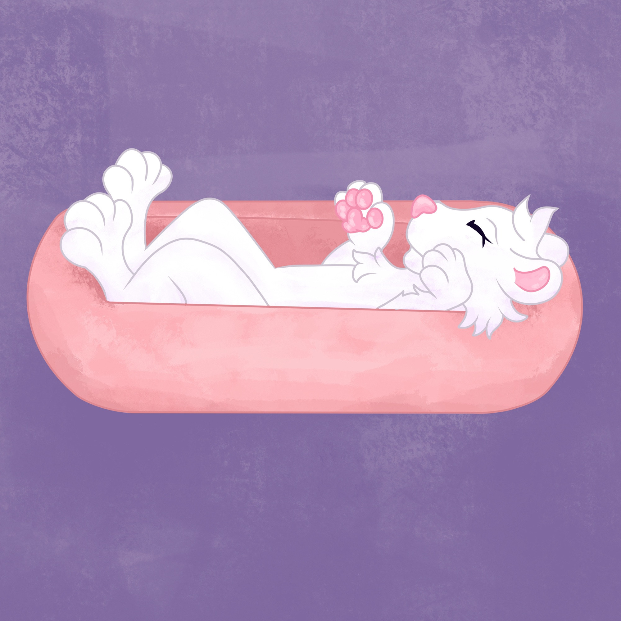 Drawing of wren lounging in a big pink pet bed  comfy and sleepy