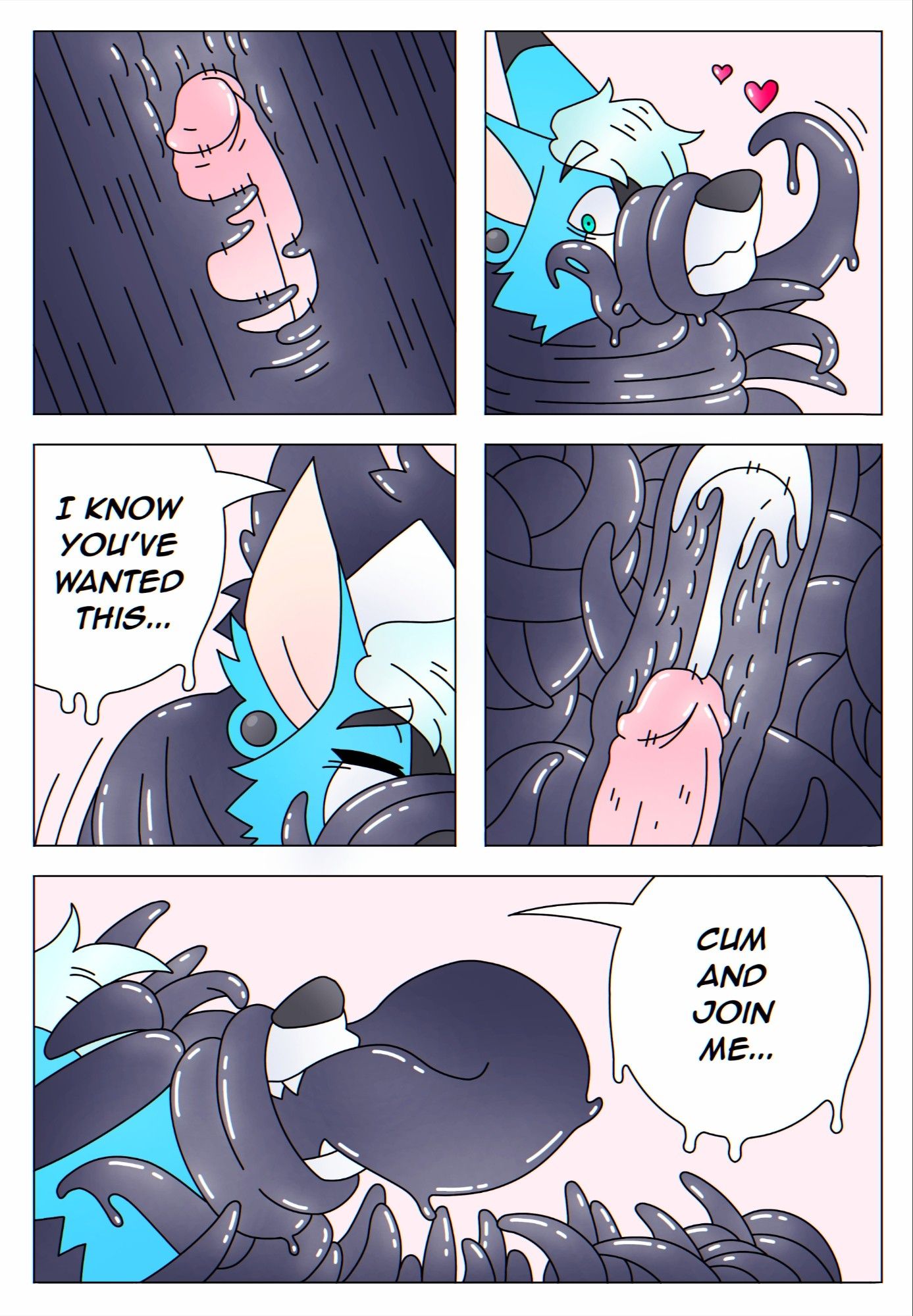 2020. First panel: Inside view of Malphs' dick being surrounded by the dark latex. Second panel: Black tentacles start to wrap all around Malphs' body and muzzle. Third panel: Front view of Malphs with his muzzle wrapped shut by the tentacles while Puro is behind him saying: "I know you've wanted this..." Fourth panel: Internal view of Malphs' penis being milked by latex tendrils, many other tentacles swirling inside the cape. Fifth panel: More tentacles   wrap Malphs face, blindfolding and engulfing him into Puro. Puro says: "Cum and join me..."