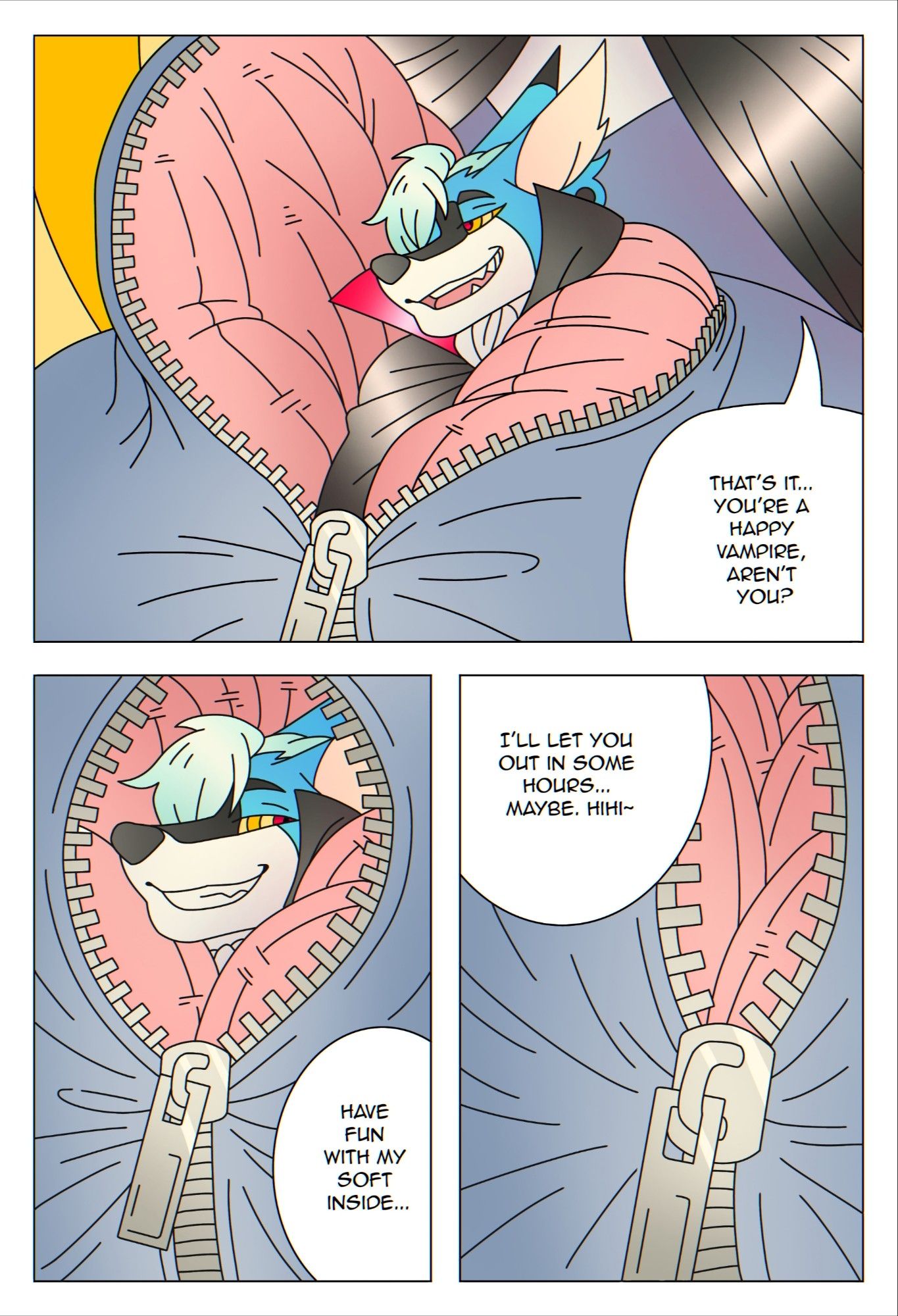 October 2020. First panel: Malphs is half-way inside the giant Lugia plush's belly, sinking into the soft padding. The plushie says: "That's it... You're a happy vampire, aren't you?" Second panel: Only Malphs' head is visible as the insides of the giant plush start to press against him and he zipper is about to close. Lugia says: "Have fun with my soft inside..." Third panel: Malphs sinks even deeper inside, completely swallowed by the padding. The giant Lugia says: "I'll let you out in some hours... Maybe."