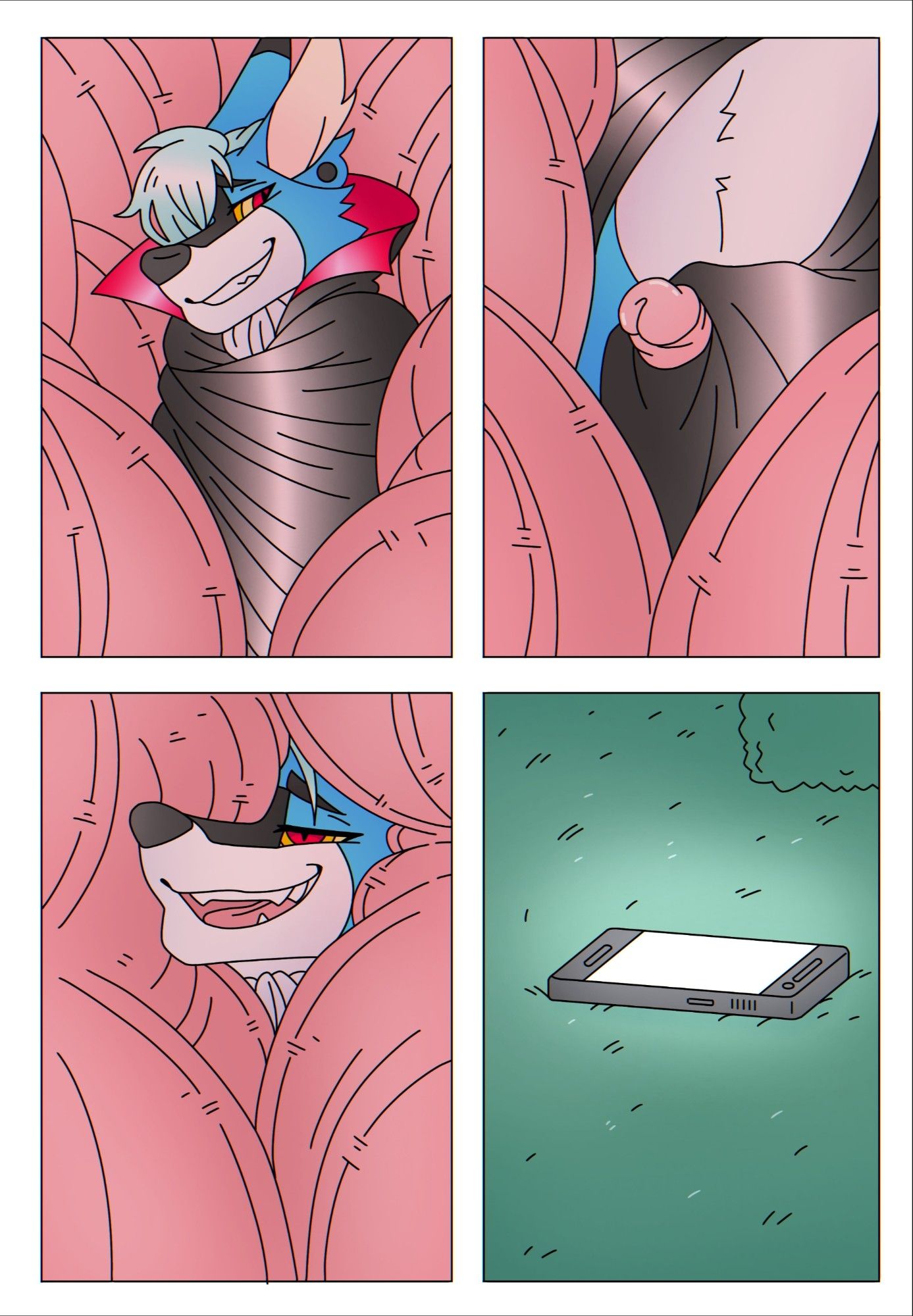 October 2020. First panel: Inside view of Malphs complely surrounded by the pink plush padding pressing against him. Malphs wraps himself in his cape as he gets comfier inside. Second panel: Malphs uses his cape with his hand to masturbate himself as the padding presses tightly against him. Third panel: First panel: Second panel: Third panel: The plush padding presses even tighter against Malphs, overwhelmed by all the pressure and pleasure he is experiencing. Fourth panel: Malphs' phone laying in the grass.