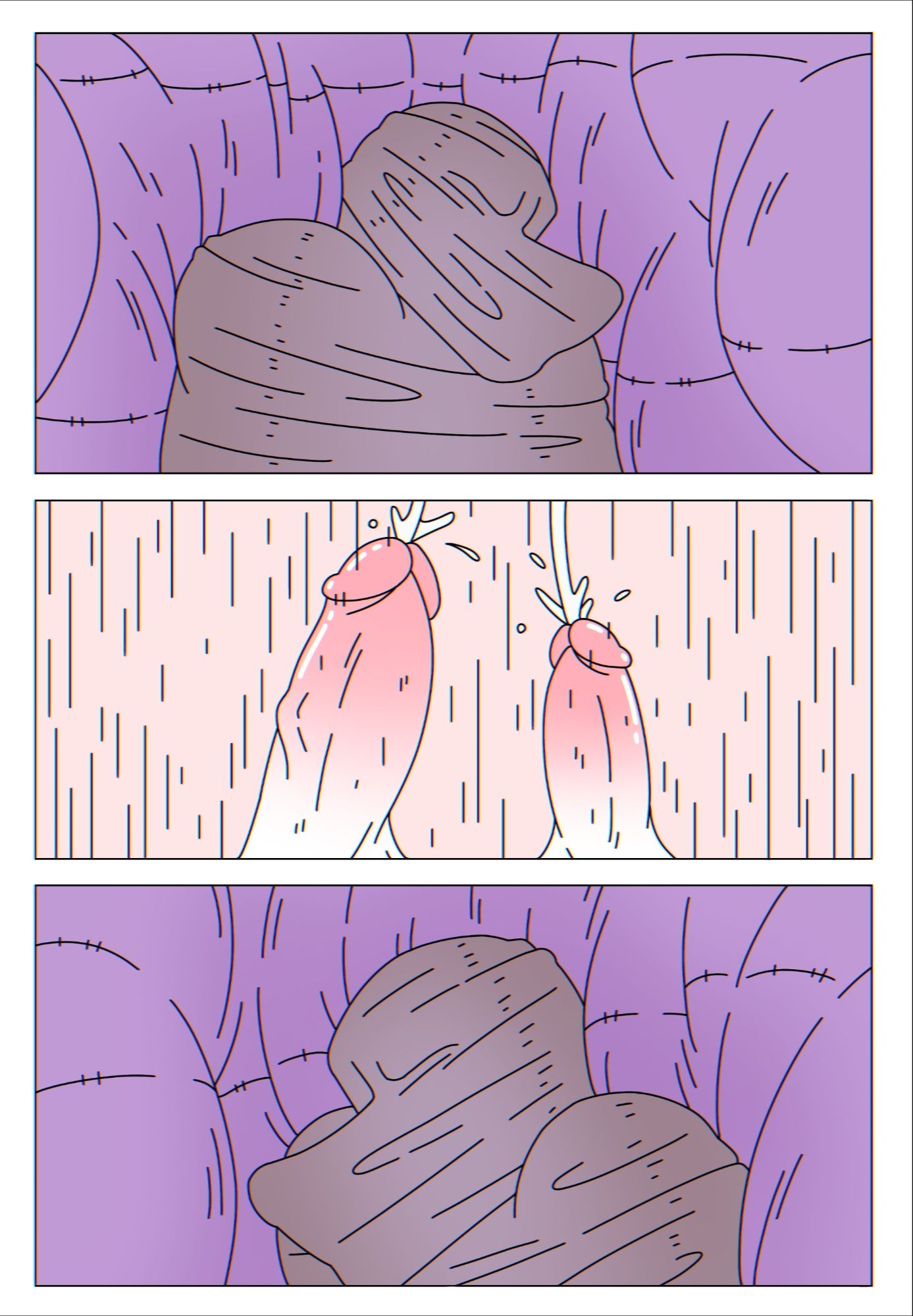 October 2020. First panel: View of Leenus' cocoon being pressed against the padded walls. Second panel: Both Leenus and Malphs penises cumming from the increasing pressure and pleasure inside the plush and cocoon. Third panel: View of Malphs' cocoon being pressed even tighter by the plushie's  insides.