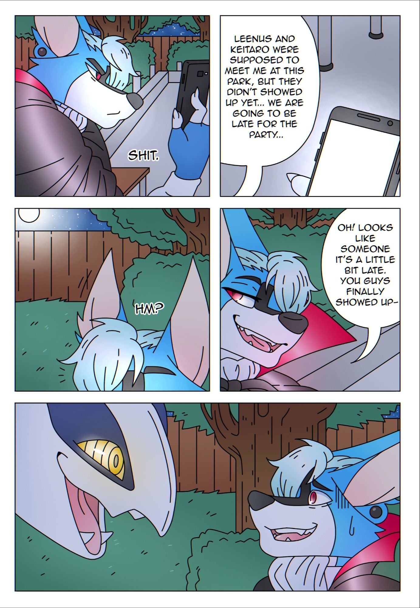 October 2020. First panel: Malphs has an annoyed expression. He is wearing a vampire costume and is sitting on a bench at the park waiting his friends in the middle of the night so they can go to a Halloween party together. Makphs says: "Shit." as he holds his phone to his  face. Second panel: Malphs says: "Leenus and Keitaro were supposed to meet me at this park, but they didn't show up yet... We're going to be late for the party..." Third panel: Malphs hears some steps by his side and his ears flicker. Fourth panel: Malphs starts to turn with a sarcastic expression as he says: "Oh! Looks like someone is a little late. You guys finally showed up-" Fifth panel: Side view of Malphs confused as he notices he is not talking to his friends, but a giant figure, a Lugia with big, bright yellow eyes staring at him.