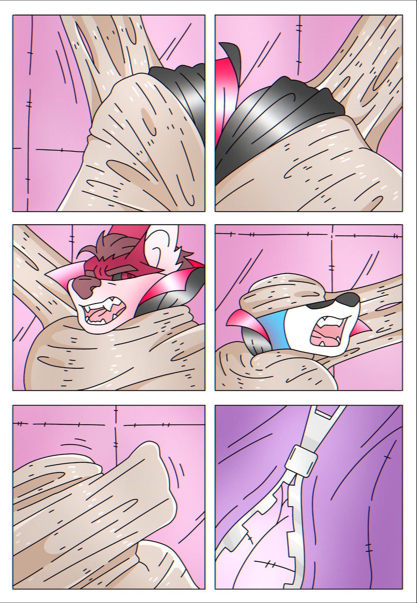 October 2020. First panel: The spider starts to wrap both of them with their own silk, starting from their feet. Second panel: The webbing continues to wrap them, now at the torso going up to their heads. Third panel: Leenus is completely wrapped up in spider web, with only his head out that is about to also be enveloped by the silk. Fourth panel: Malphs with his torso and upper head completely wrapped, blindfolded, leaving with only his mouth exposed, the webbing also about to seal it shut. Fifth panel: The webbing wrapping over Malphs' mouth very tightly, completely covering him into a silky web cocoon. Sixth panel: The zipper by the rear of the giant spider plush starts to open, revealing a soft, pink, padded inside.