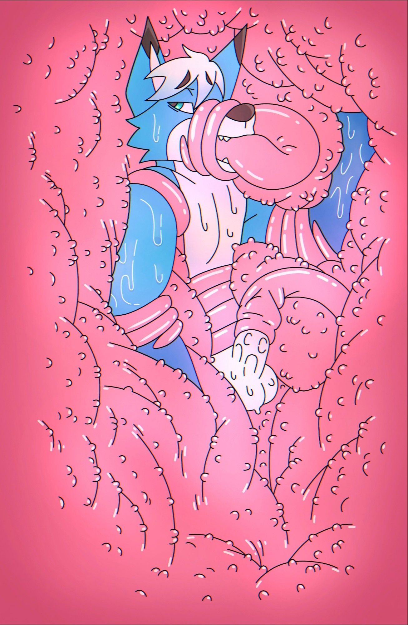 Faburary 2020. Malphs is completely enveloped by wet fleshy walls, pressing tightly against him. There are tentacles wrapping his arms, torso and muzzle, with another tentacle going into his mouth and another one milking his penis.