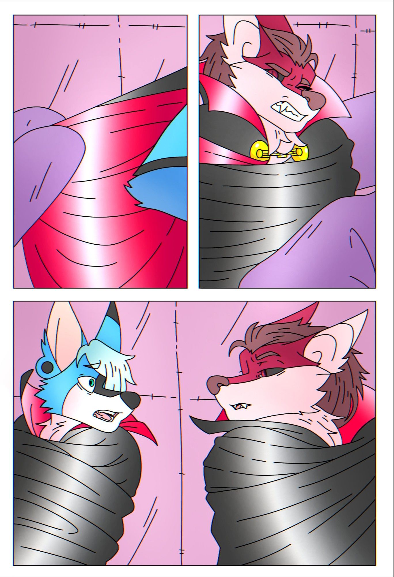 October 2020. First panel: Two of the spiders' limbs reach for Malphs' cape to begin wrapping him. Second panel: Point of view of Leenus also getting wrapped on his own cape by the giant plush limbs. Third panel: Malphs and Leenus, side by side, looking at each other with concerned expressions while both are completely wrapped up in their capes in the grasp of the spider.