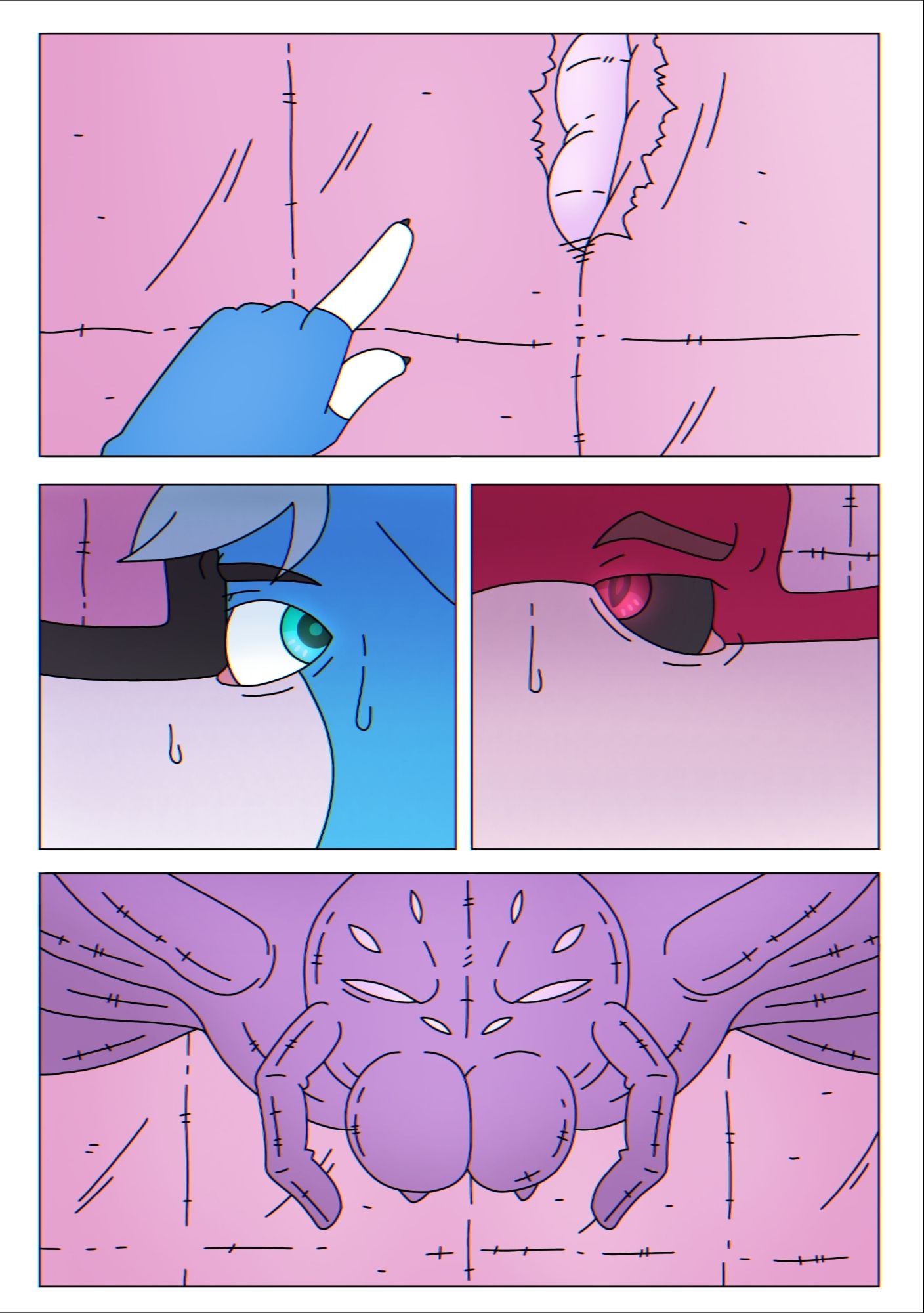 October 2020. First panel: Malphs notices the plushy walls, pointing at a tear in the pink fabric. Second panel: Side view of Malphs' eye looking behind him. Third panel: Side view of Leenus' eye looking behind him. Fourth panel: Front view of a giant purple spider plush with eight pink eyes.