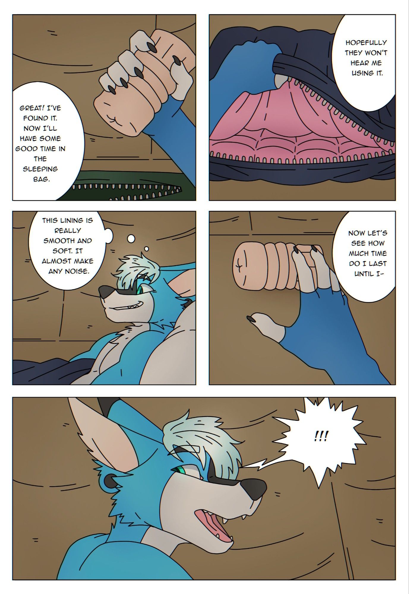 March 2021. Panel 1: Malphs takes out a fleshlight. "Found it! Now I'll enjoy myself in the sleeping bag." Panel 2: Malphs opens up the entry of his dark blue sleeping bag, revealing the pink lining. "Hopefully they won't hear me using it." Panel 3: Malphs adjusts himself half-way inside the sleeping sack. "The lining is so smooth and soft. It hardly makes any noise." Panel 4: Malphs hand reaching out for the fleshlight on the ground. "Alright. Now let's see how much time I'll last until I-" Panel 5: Malphs noticed something is wrong and quickly looks back.