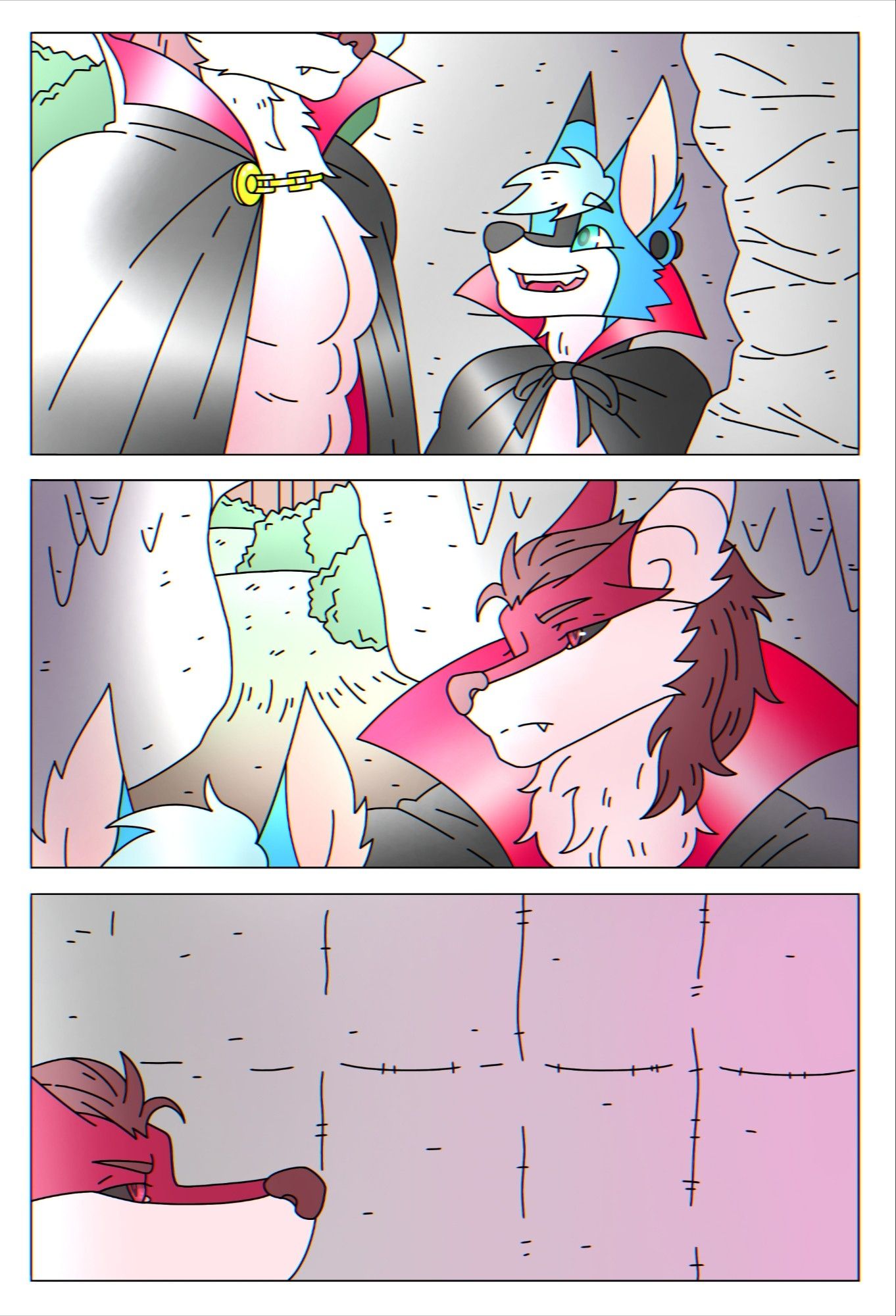 October 2020. First panel: Malphs and Leenus found a cave and they decide to enter. Second panel: Leenus looking back to the exit of the cave as they walk further inside. Third panel: Leenus noticing the walls are progressively turning softer, pinkier and the stone looking is turning into plush stitches.