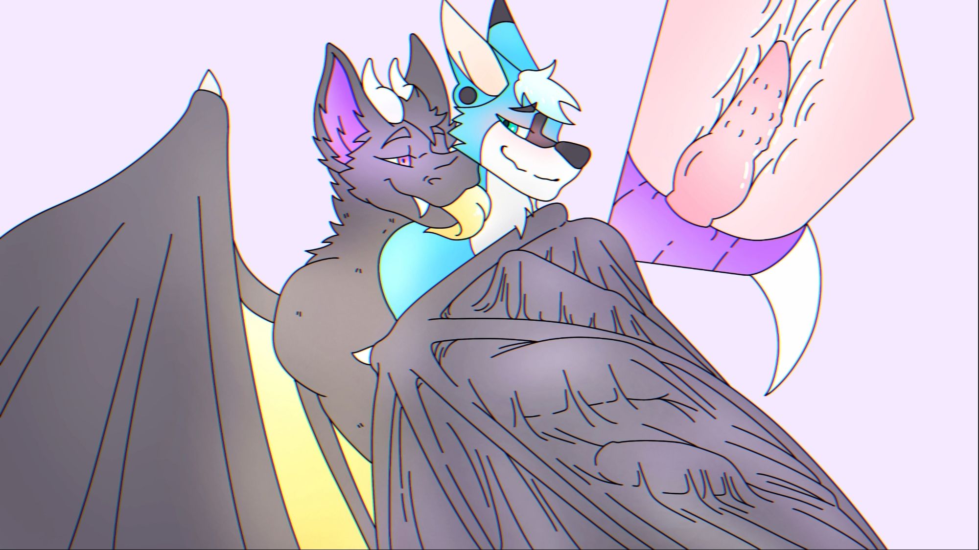 April 2020. The wing embrace. Liquorice is behind Malphs, using one of his wings to hug and wrap him tightly, making Malphs' body bulge against the membranes of his wings. Internal view on the top right, showing Liquorice's dick penetrating Malphs from behind.