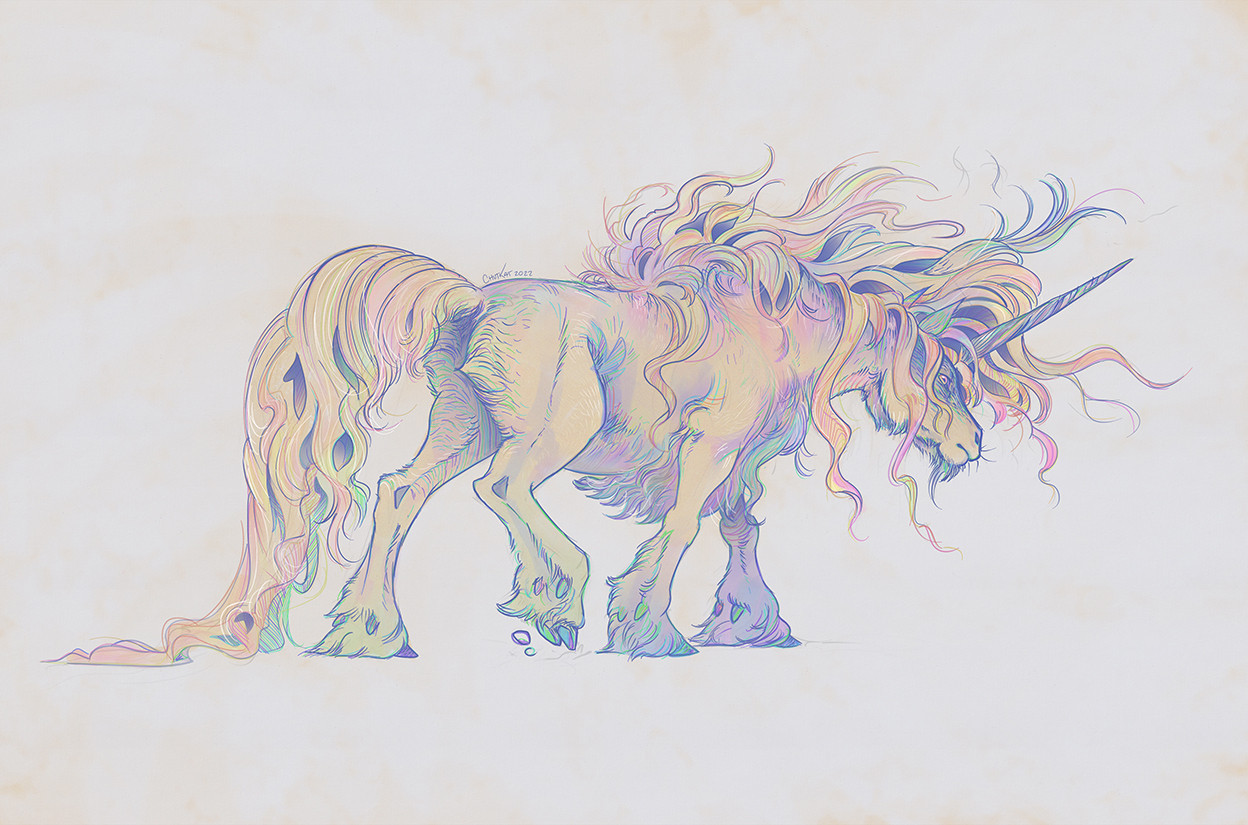 Walking against a snow storm, a heavy and very hairy draft unicorn moves forward.