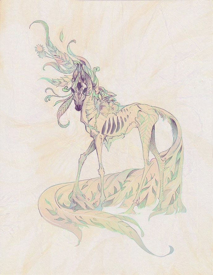 Long legged, horse like creature with ferns for a tail that go around its body. Mushrooms, ferns and other plants, make its mane.