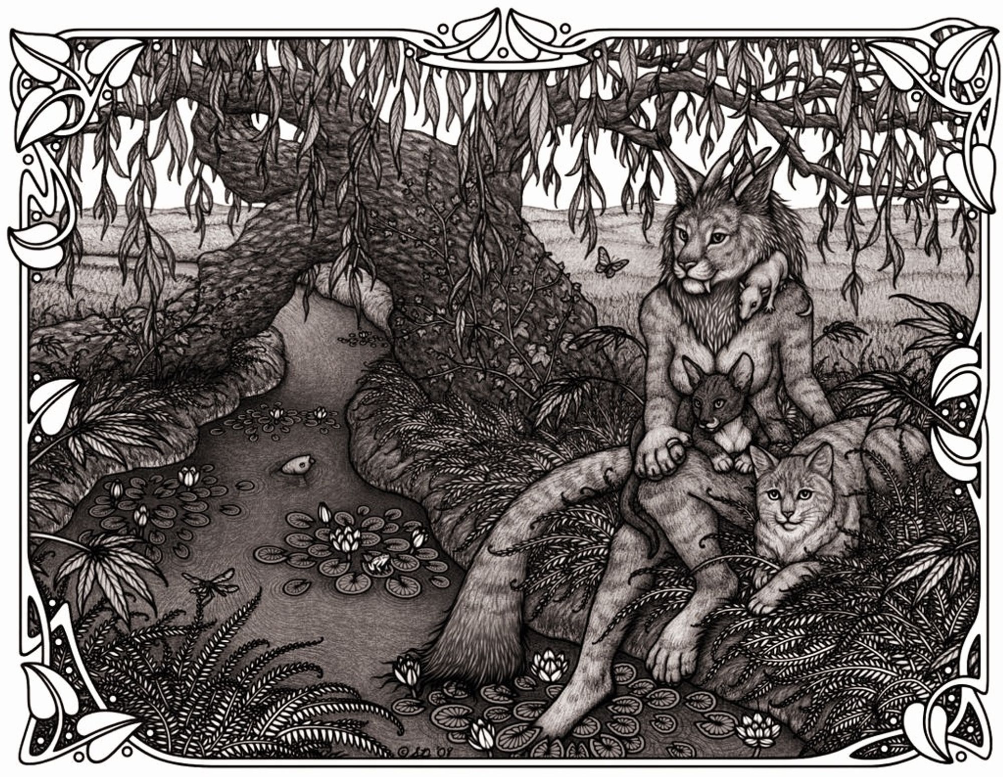 Traditional art (pencil and ink) of an anthro sabertoothed/horned cat and her pet feral cats and rat, sitting in a patch of ferns by a peaceful stream flowing under the bough of a gnarled old willow tree. The stream is full of lilypads, and there is also a little frog, fish and dragonfly among them.