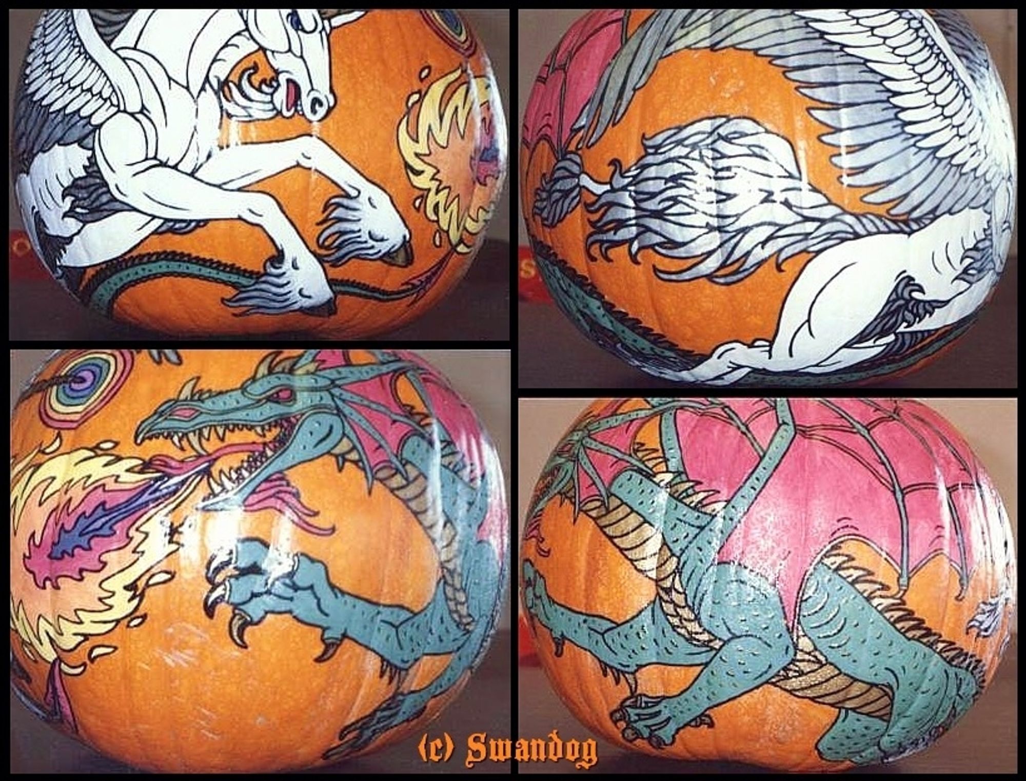 Pumpkin painting of an ariel battle between a winged unicorn and dragon.