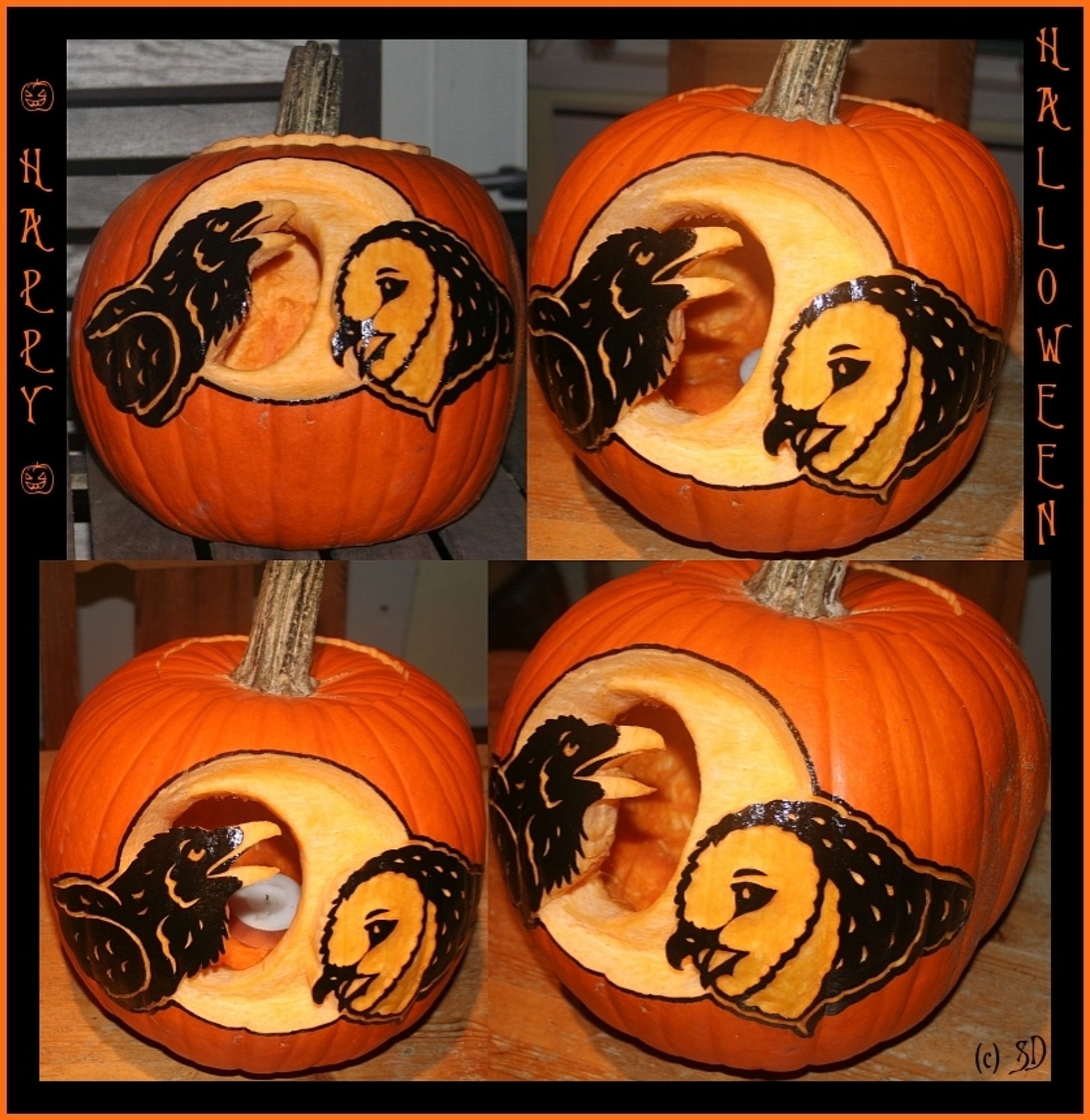 Pumpkin carving of a raven and a barn owl in front of a full moon.