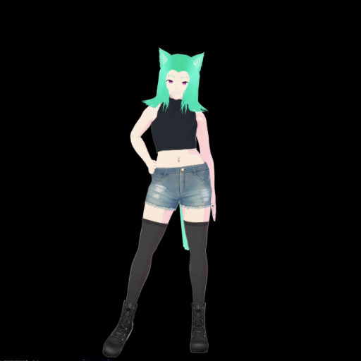 Jojo is standing with his hip slightly tilted in a sassy pose with one hand on his hip. Jojo is a catboy with mint green hair, purple-pink eyes, a black crop top, ripped denim shorts, thigh black socks, and ankle laced up boots. 
