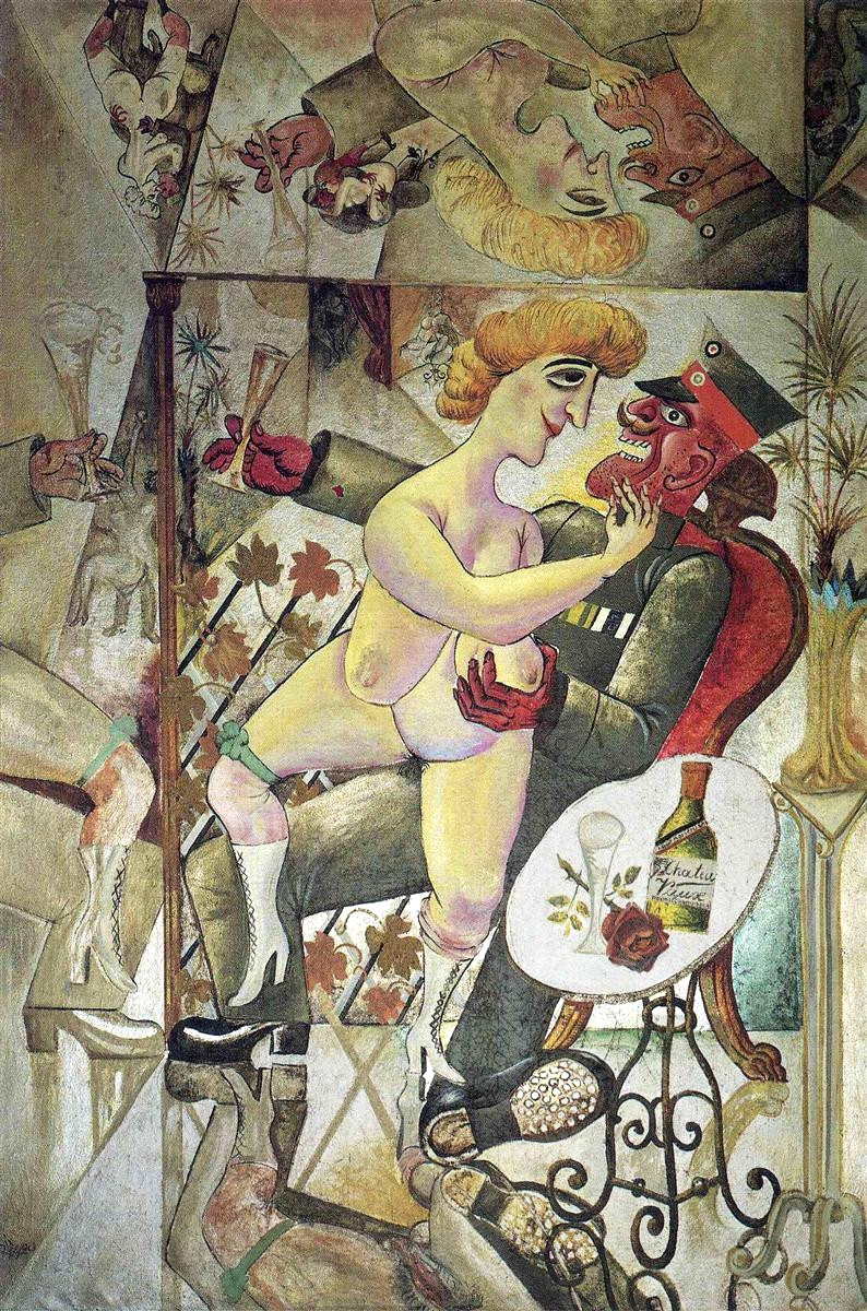 This picture was meant to shock. It was painted by the avant-garde German artist Otto Dix in 1920, depicting a crimson-faced German general, flushed with red wine, groping the swollen breast of a fleshy, naked prostitute during the German occupation of Belgium. The multiple mirrors replicate the scene from every angle, so that the woman’s crudely painted vagina can be seen in reflection on the brothel floor, while her buttocks frame the scenes in the right-and left-hand sides of the picture.