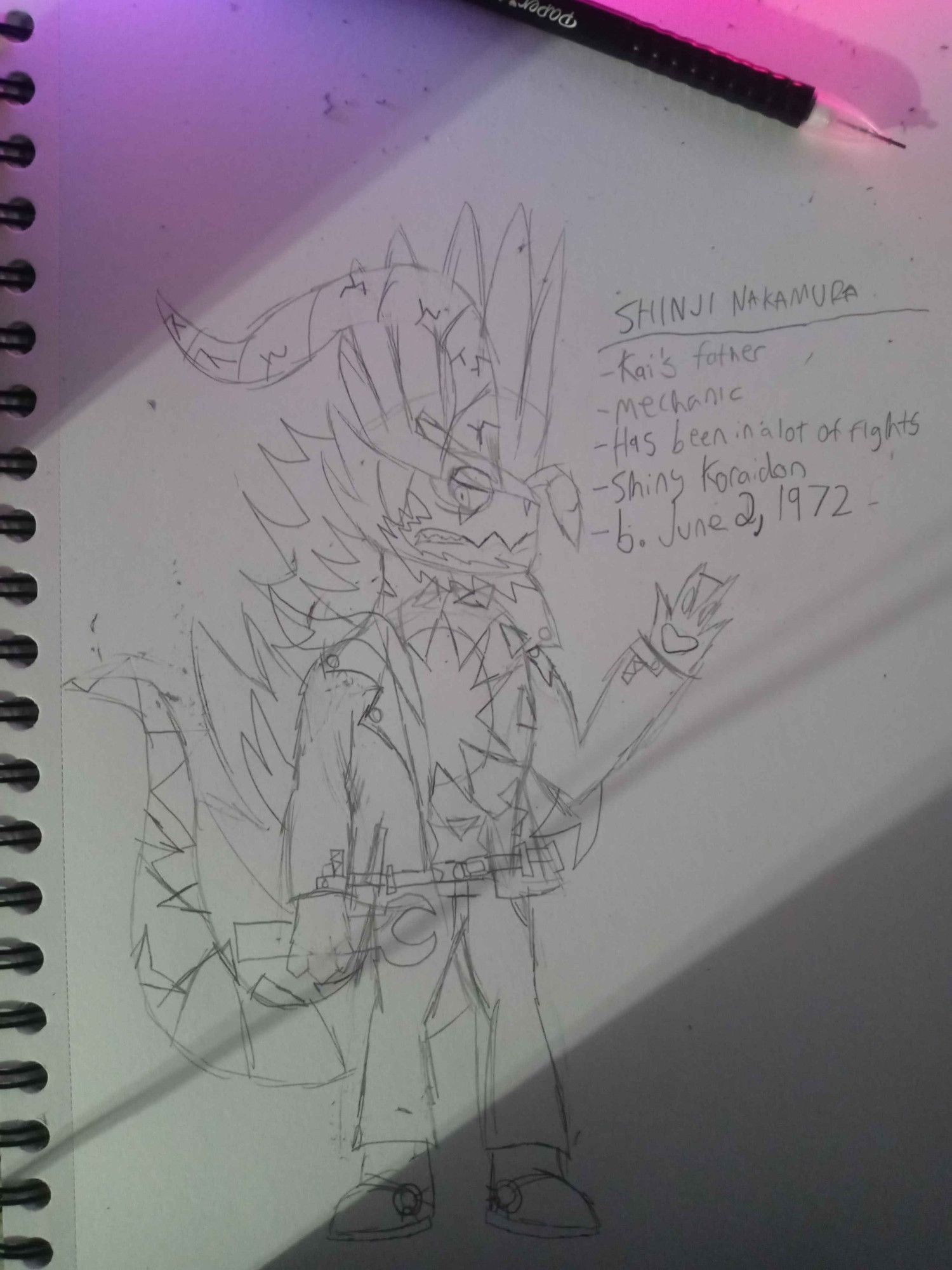 Pencil sketch of a Koraidon with various scars and cracks on his horns. He has a noticeable beard and he is wearing a leather jacket/pants/boots combo.

Next to him is some information, which reads:
SHINJI NAKAMURA
- Kai's father
- Mechanic
- Has been in a lot of fights
- Shiny Koraidon
- b. June 2, 1972