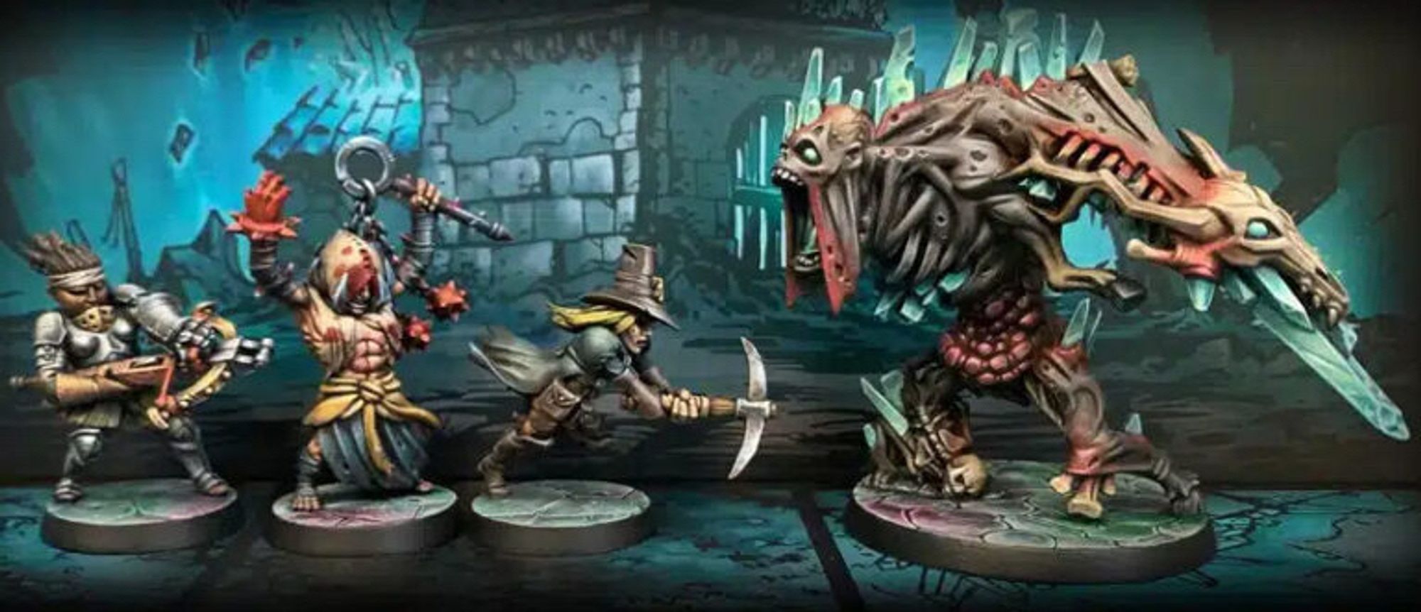 Three fighters from the Darkest Dungeon board game tale on a monster