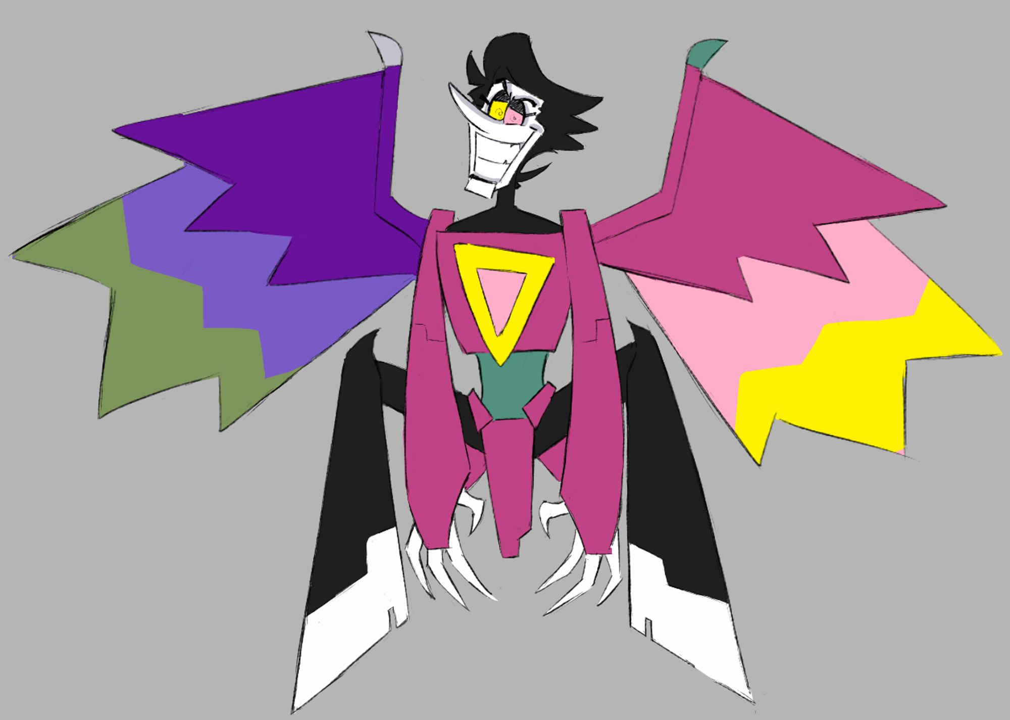 A digital drawing of Spamton NEO from Deltarune Chapter 2, wings spread, and face curled by a manic grin