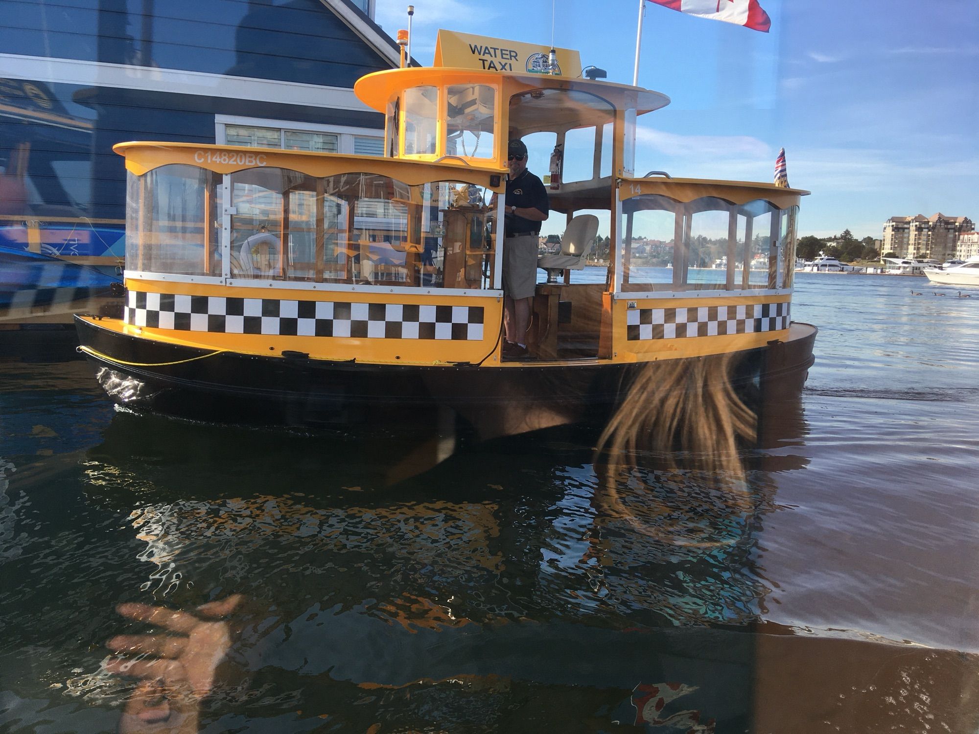 Typisches Wassertaxi in Viktoria/Vancouver Island, Unterbau schwarz, Kabine gelb mit großen Fenstern, schwarz-weiß karierter Streifen rundum, sieht wie ein Minidampfer aus