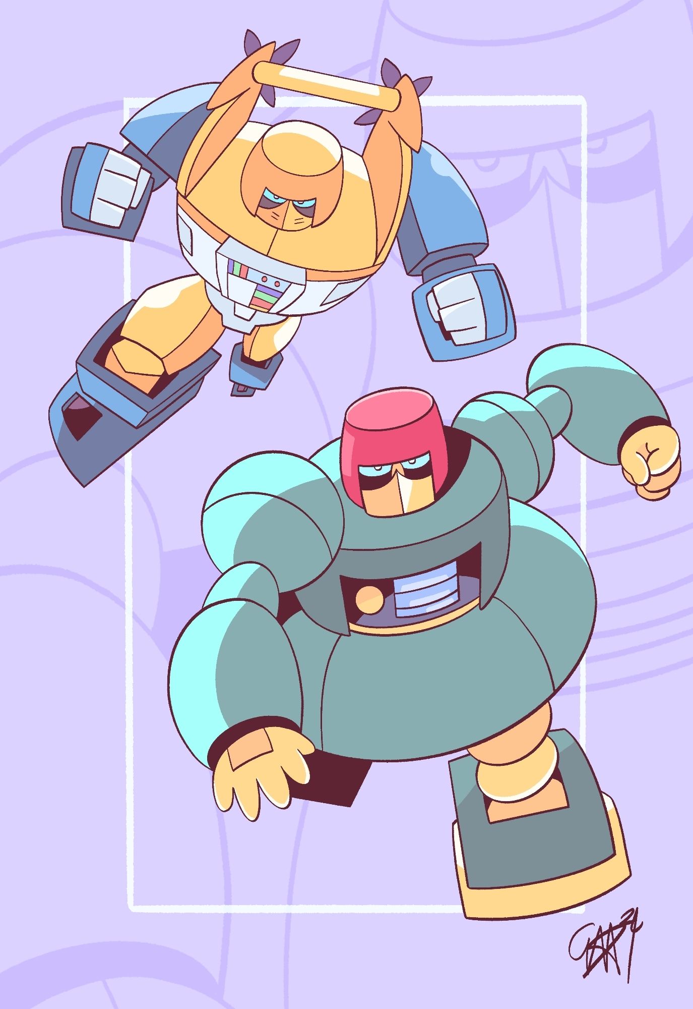 A drawing of Transformers Seaspray and Cosmos, running at YOU