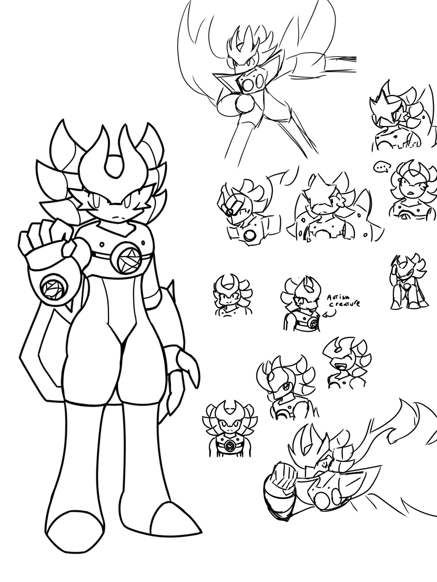 A drawing of an Elfilis MegaMan OC named Sil, an Electmaju.
He is seen in multiple poses, including one with an arrow pointing at him calling him an autism creature.