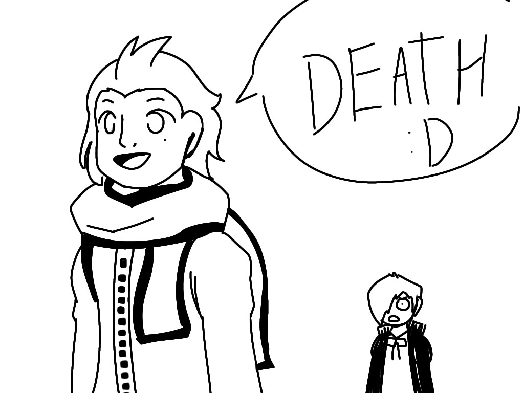 Ryoji stands happily as he says Death as Makoto looks at him in fear.