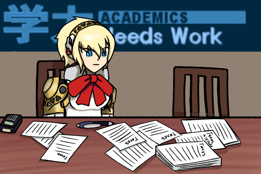 Aigis from Persona 3 is looking down at papers of tax work, unable to do so because her academics needs work.