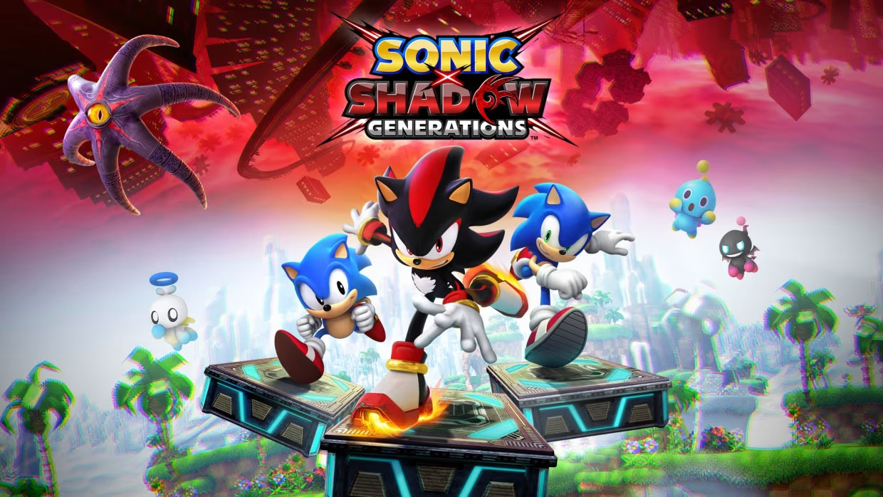 Sonic and Classic Sonic are looking excited whilst running while Shadow is skating with a determined look on his face as Chao surrounds them with Black Doom staring at the screen. Above them is the text SONIC X SHADOW GENERATIONS.