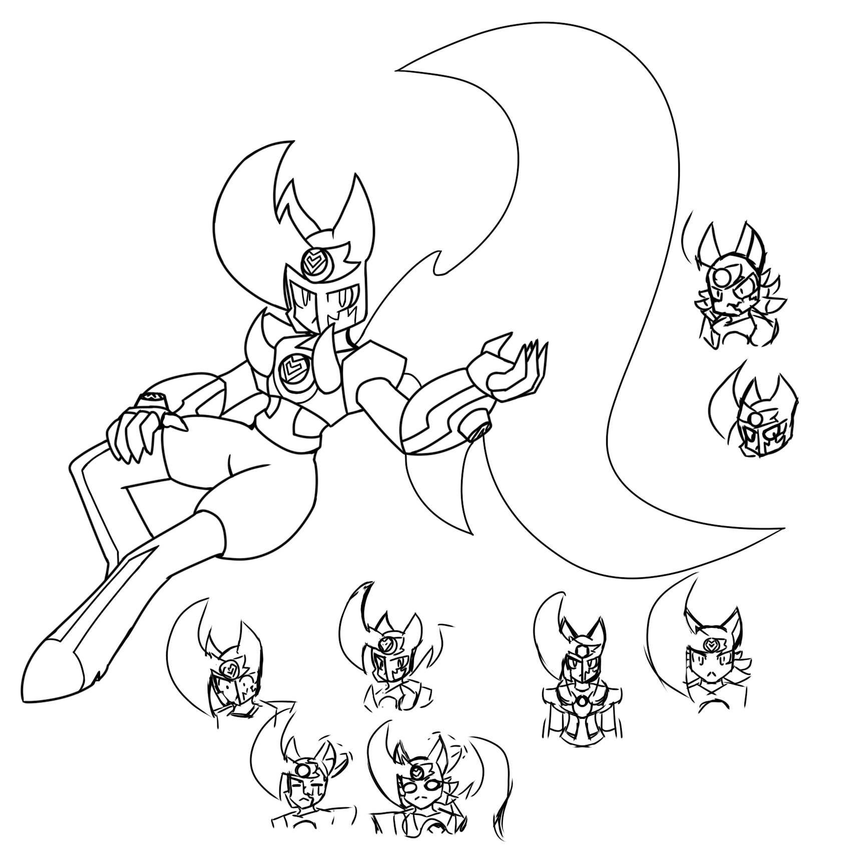 A drawing of a Cat-like OC named Morpheus. He is seen in multiple poses, some with or without his helmet, some with his ear twitching.