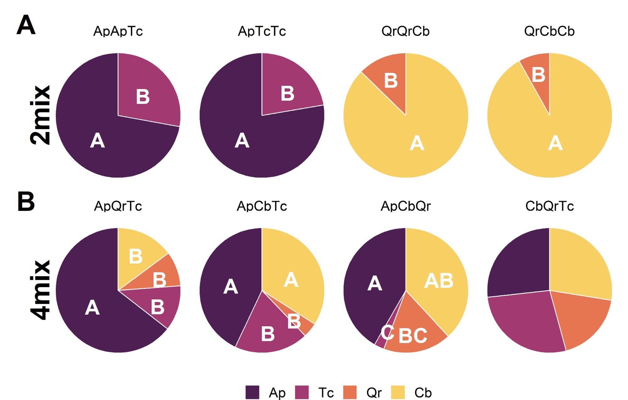 Figure with two panels showing how much each tree species contributes to the total fine root biomass in the center of tree groups for Panel A) 2-species mixtures (2mix) and Panel B) 4-species mixtures (4mix). The species included are Acer (Ap), Tilia (Tc), Quercus (Qr), and Carpinus (Cb). For example, "ApApTc" represents an area surrounded by two Acer trees and one Tilia tree. The proportions combine data from two soil depths (0-20 cm and 20-40 cm), as no significant differences were found between them. Different letters indicate significant differences between species' contributions.