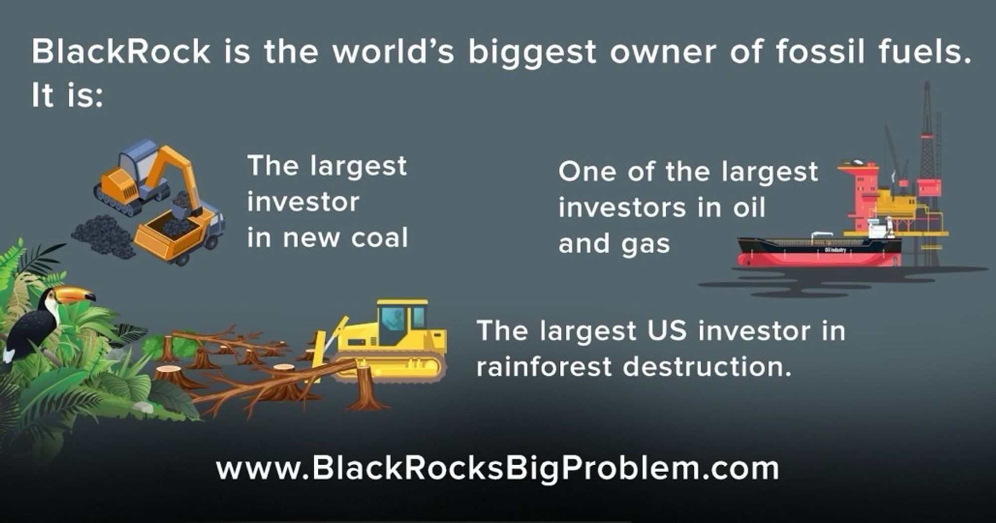 BlackRock is the world’s biggest (UmweltSau) owner of fossil fuels.
It is:
The largest investor in new coal.
One of the largest investors in oil and gas.
The largest US investor in rainforest destruction.
www.BlackRocksBigProblem.com