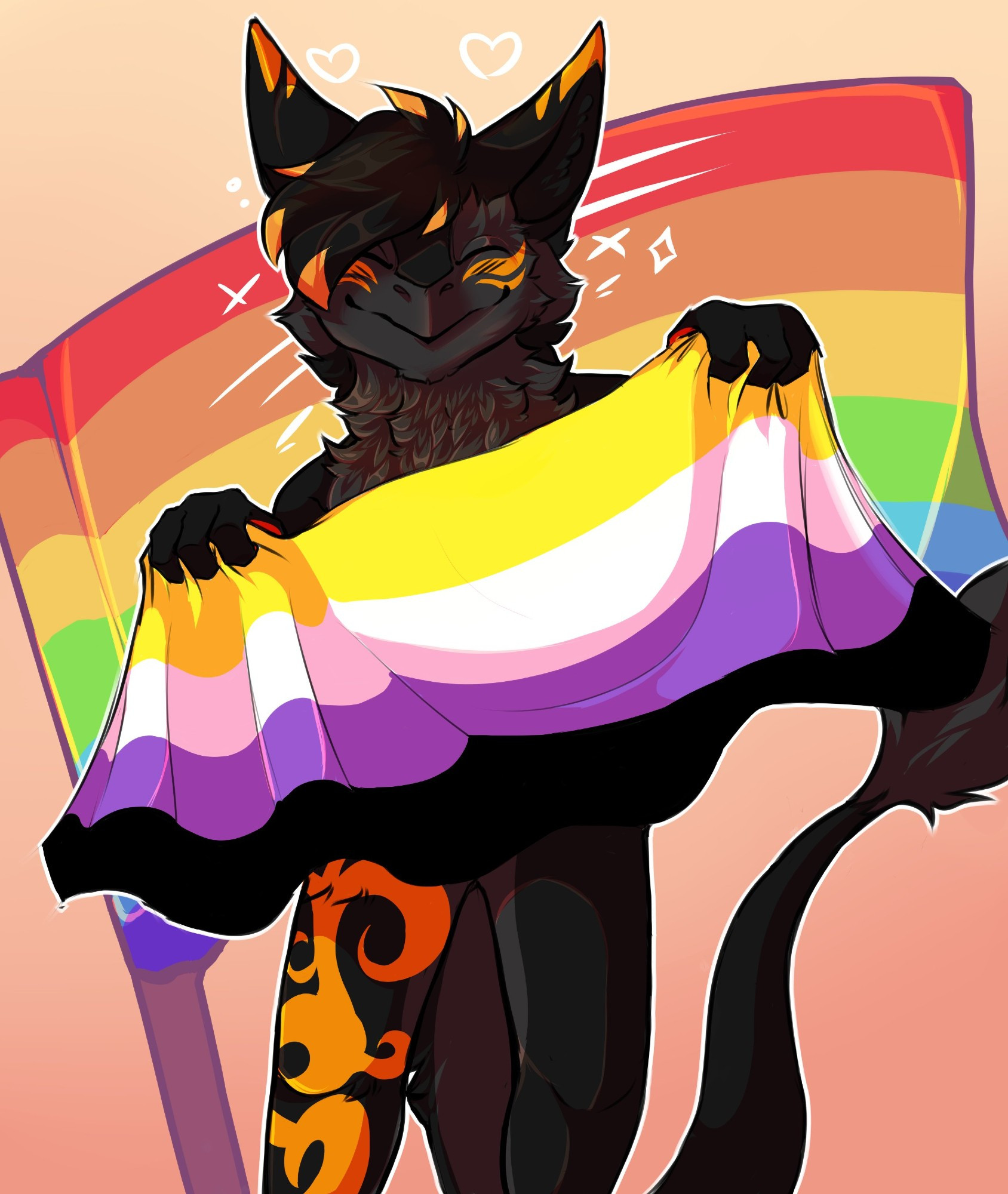 Kaiten the sergal, holding a non-binary flag, with a rainbow flag on the background.