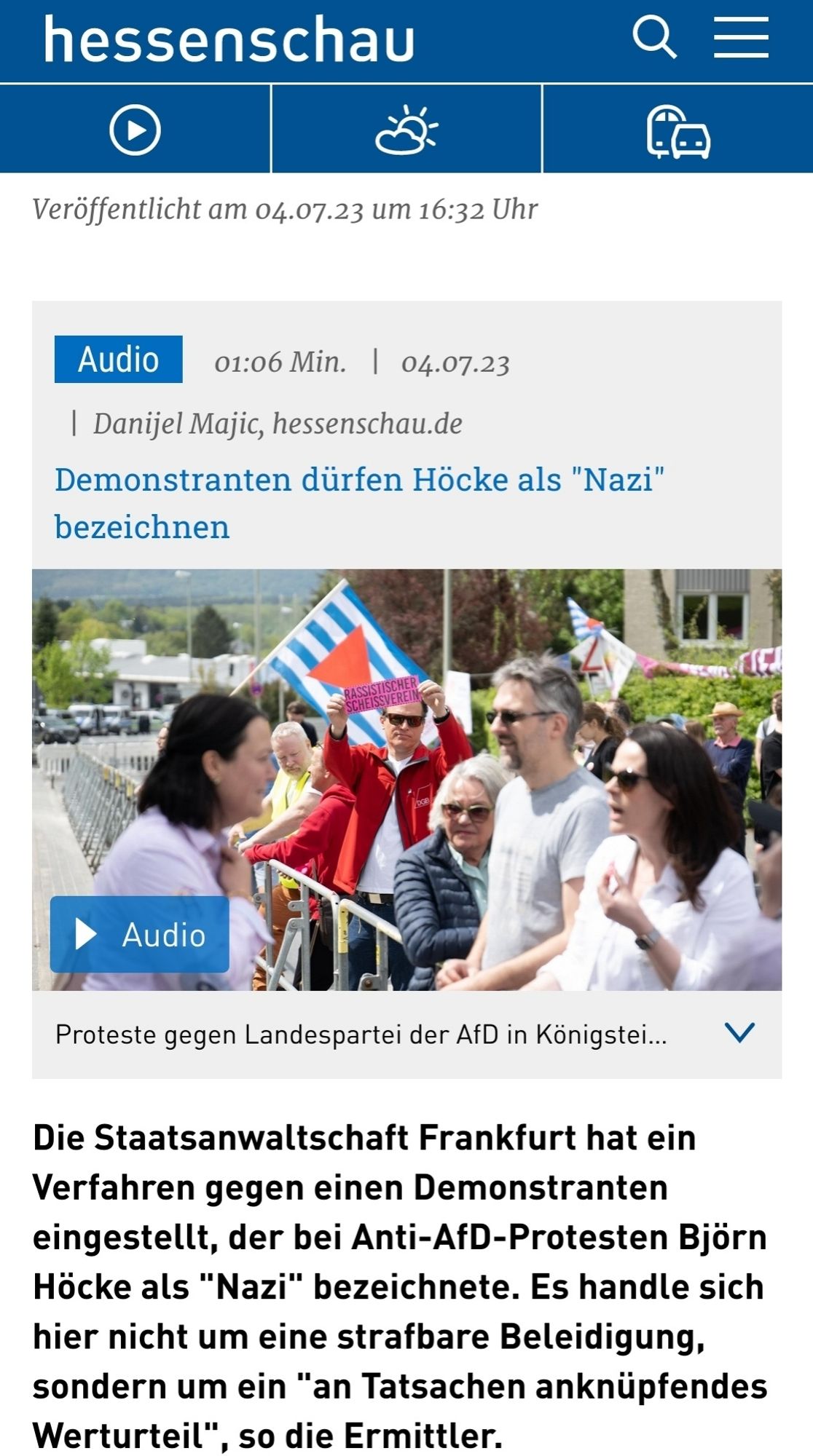 Screenshot von einem Artikel, der ein Urteil aufzeigt, in dem ein Demonstrant Höcke als Nazi bezeichnen dürfte weil es Tatsachen entspricht.