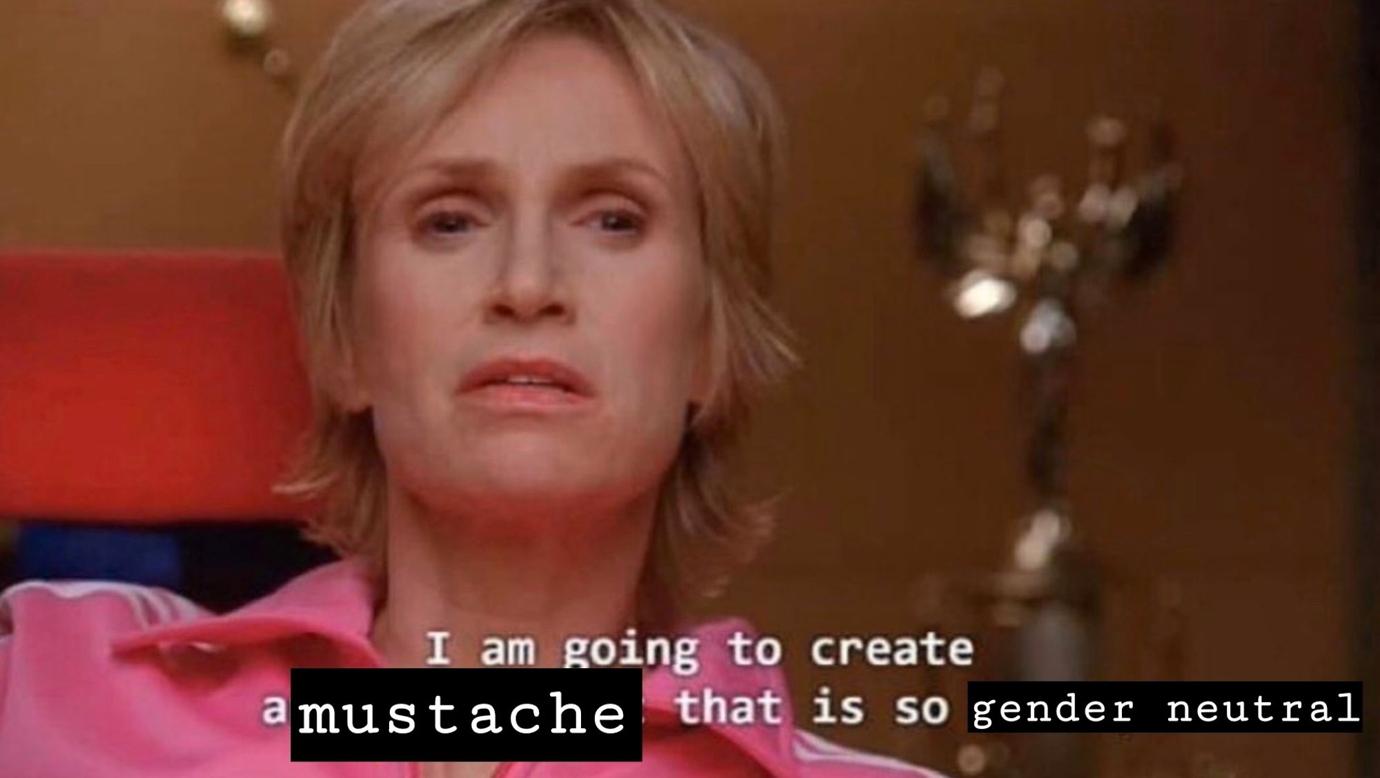 Sue Sylvester from Glee saying, "I am going to create a mustache that is so gender neutral."