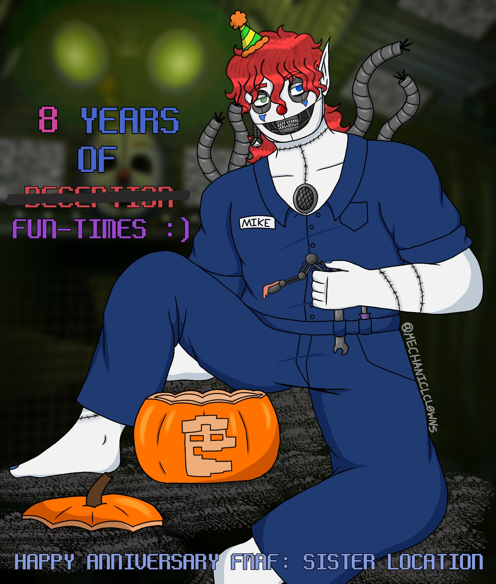 Fanart for Sister Location's 8th anniversary. Depicted is a humanized version of Ennard dressed up as Michael Afton himself. Holding a miniaturized scooper in their hand as they scoop out a pumpkin with Michael's face carved on it.

In colorful text near the top reads "8 years of deception". But the word deception is crossed out and written below it is "fun-times" with a smiley face. The bottom text reads "Happy anniversary FNaF: Sister Location".