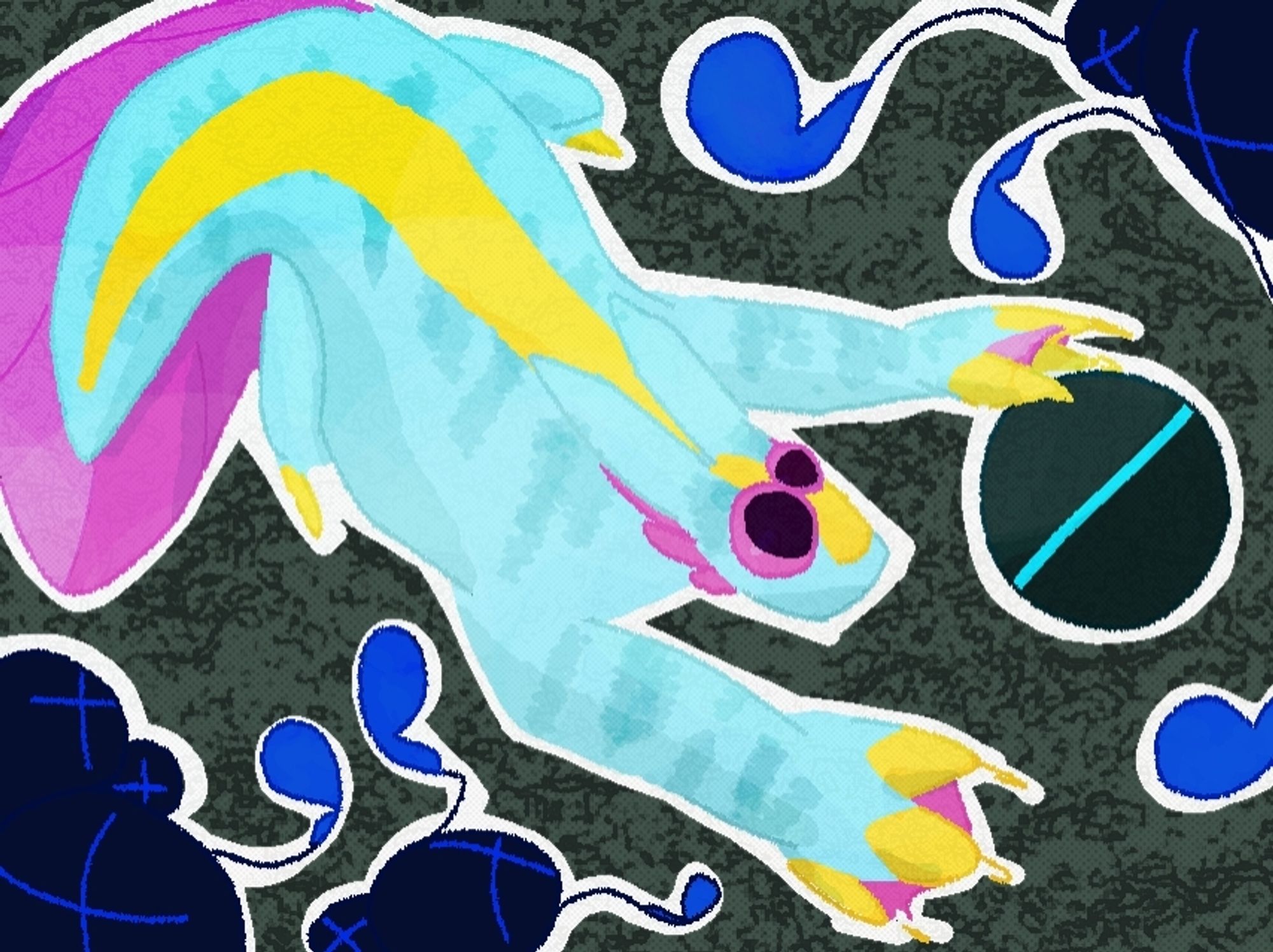 A stylized drawing of Rivulet as a large slugcat, mainly turquoise with magenta and yellow highlights. They chase the rarefraction cell with outstretched paws, avoiding The Rot on either side.