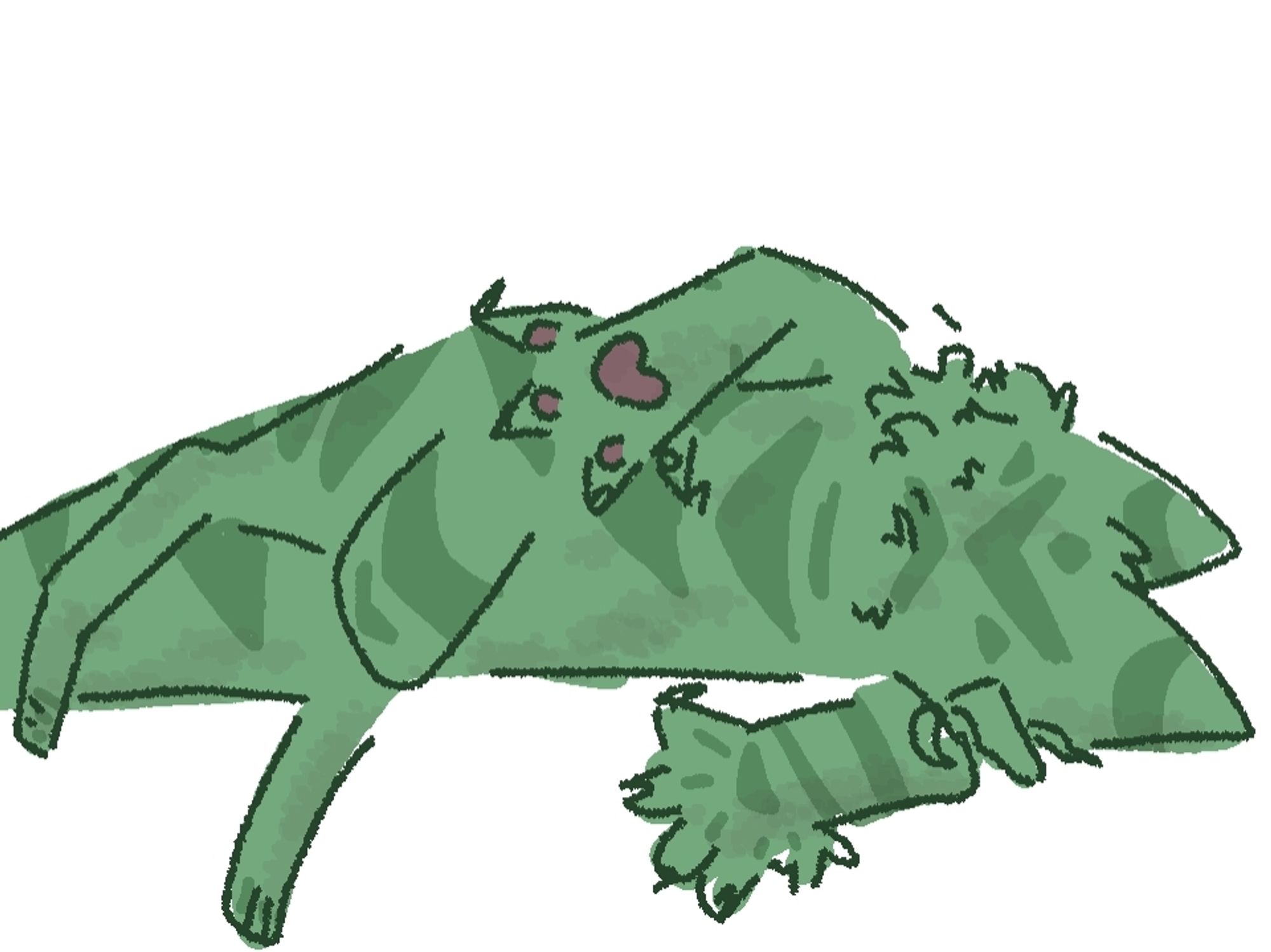 A colored sketch of Saint in the Family Guy Death Pose (on the ground, face down, arms splayed towards the camera and legs on top each other). Saint has tabby-like markings, and is slightly dirty.