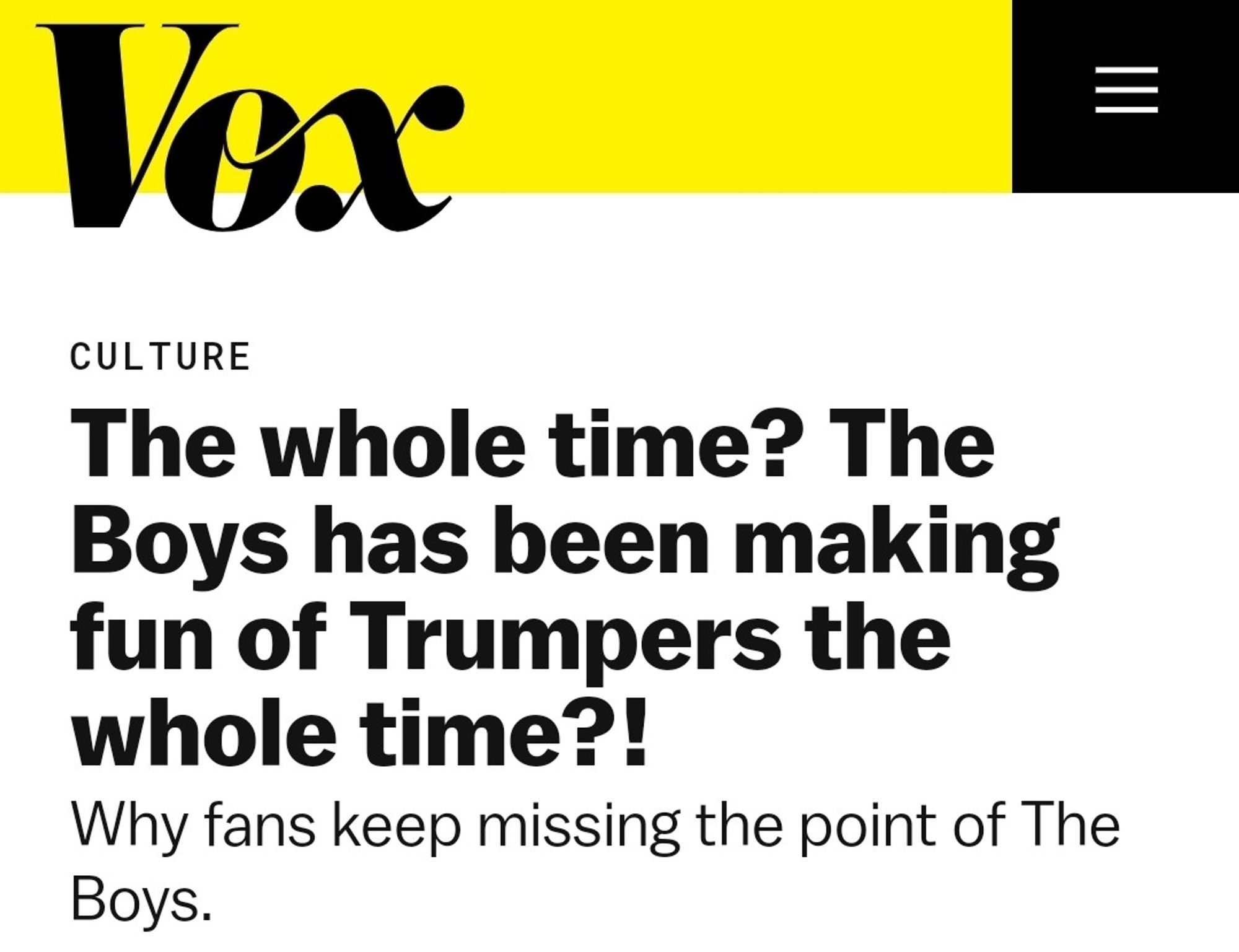 Überschrift: The whole time? The Boys has been making fun of Trumpers the whole time?!
Why fans keep missing the point of The Boys.